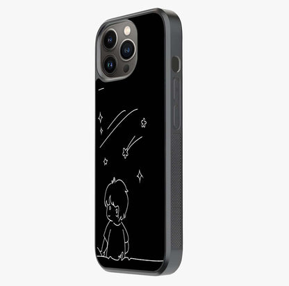 Line Art Boy With Shooting Stars Glass Case photographed in natural light showing reflective finish and design depth.