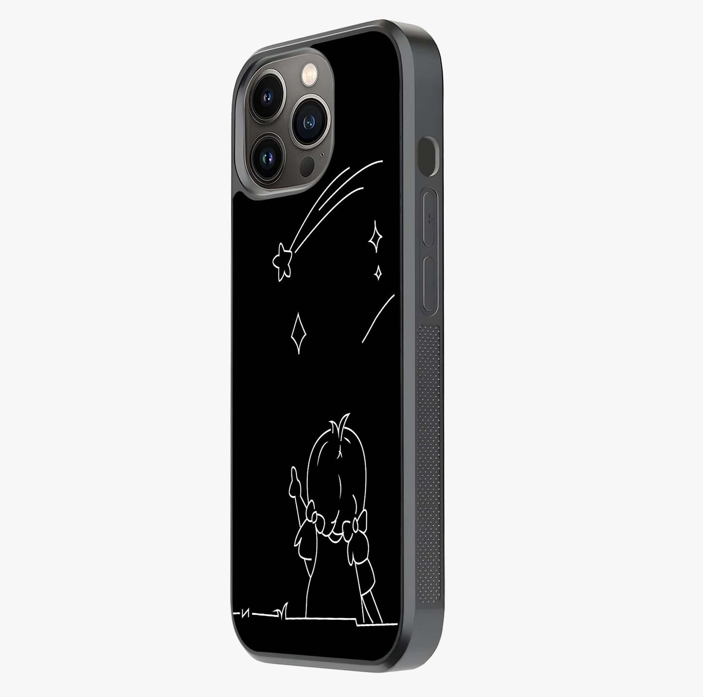 Line Art Girl With Shooting Stars Glass Case photographed in natural light showing reflective finish and design depth.