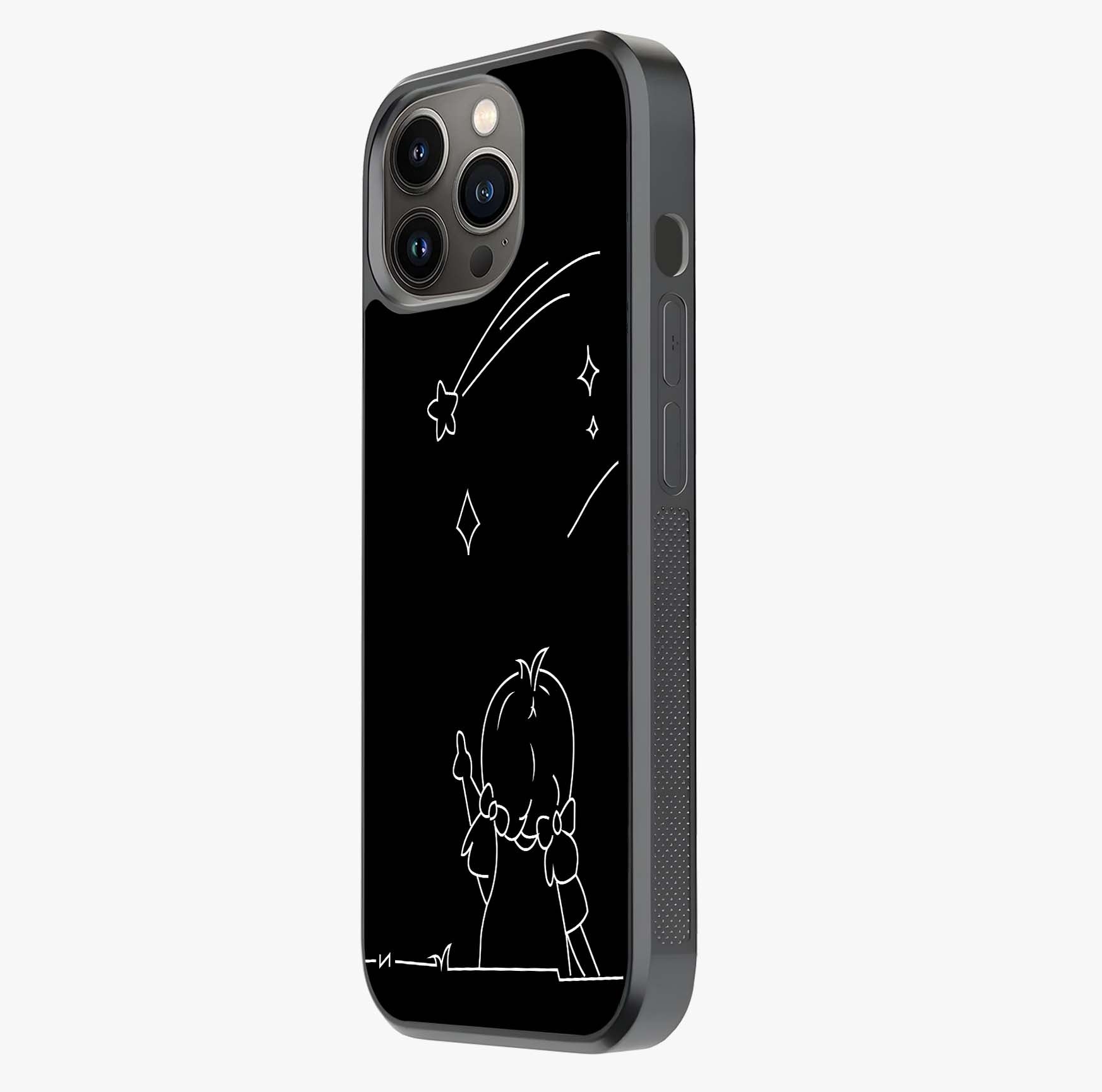 Line Art Girl With Shooting Stars Glass Case photographed in natural light showing reflective finish and design depth.