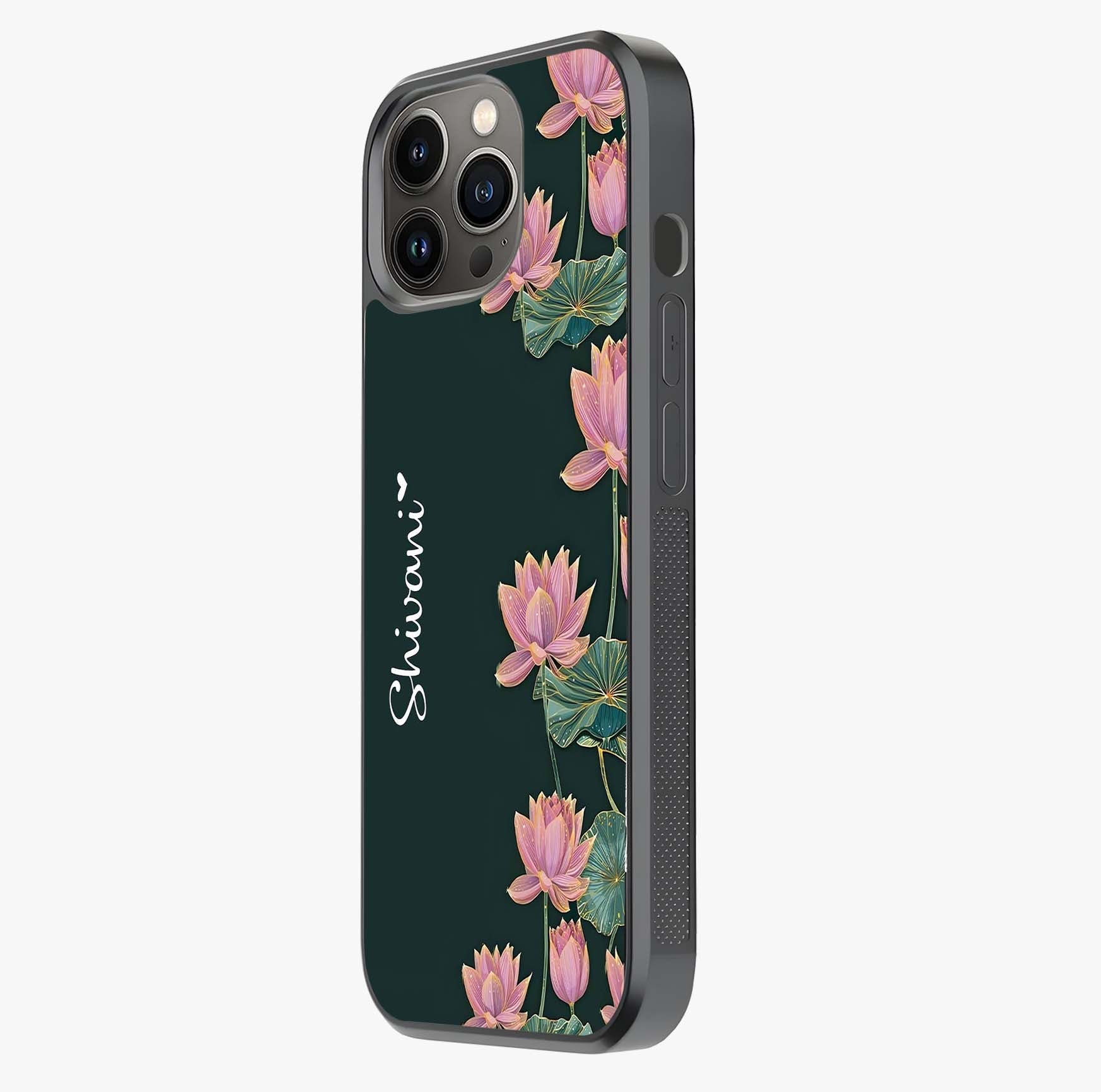 Lotus Bloom Serenity Custom Name Glass Case photographed in natural light showing reflective finish and design depth.