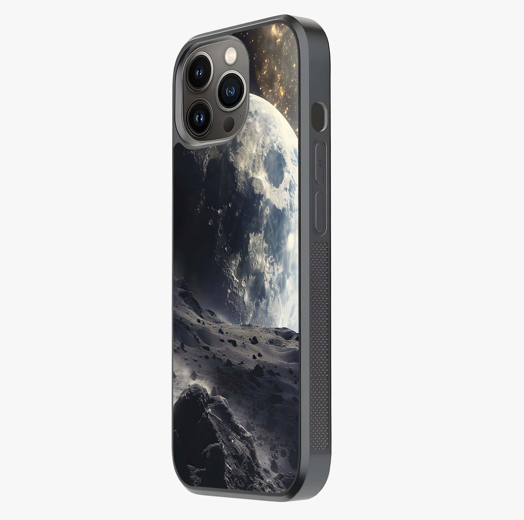Lunar Horizon Glow Glass Case photographed in natural light showing reflective finish and design depth.
