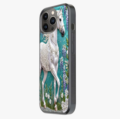 Majestic Floral Stallion Glass Case photographed in natural light showing reflective finish and design depth.