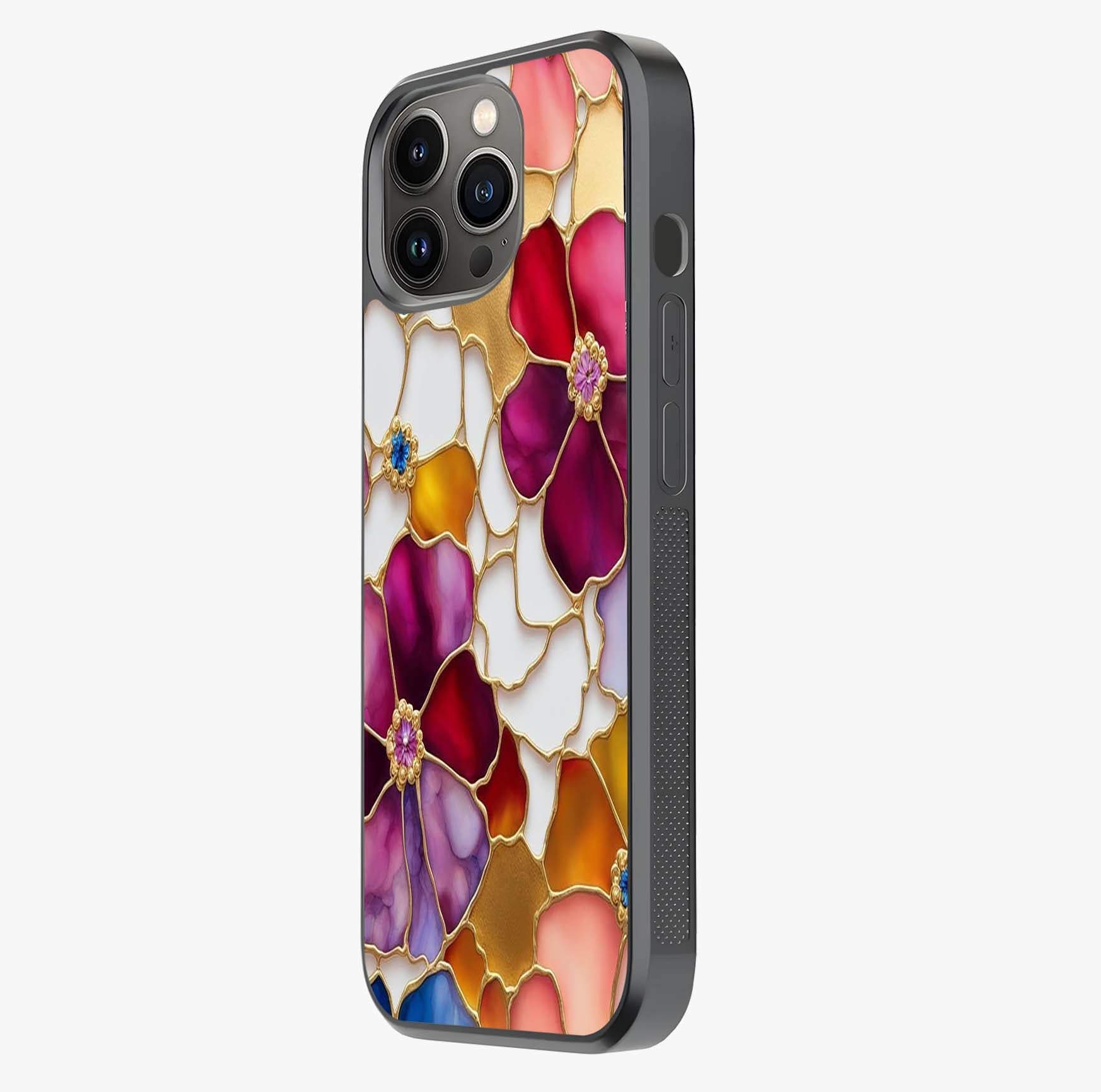 Marble Flower Pattern Glass Case photographed in natural light showing reflective finish and design depth.