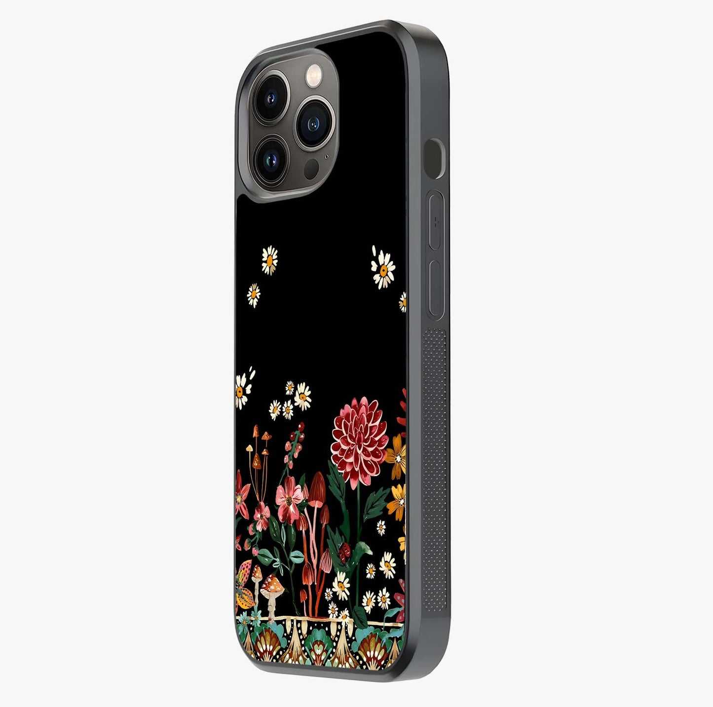 Midnight Bloom Pattern Glass Case photographed in natural light showing reflective finish and design depth.