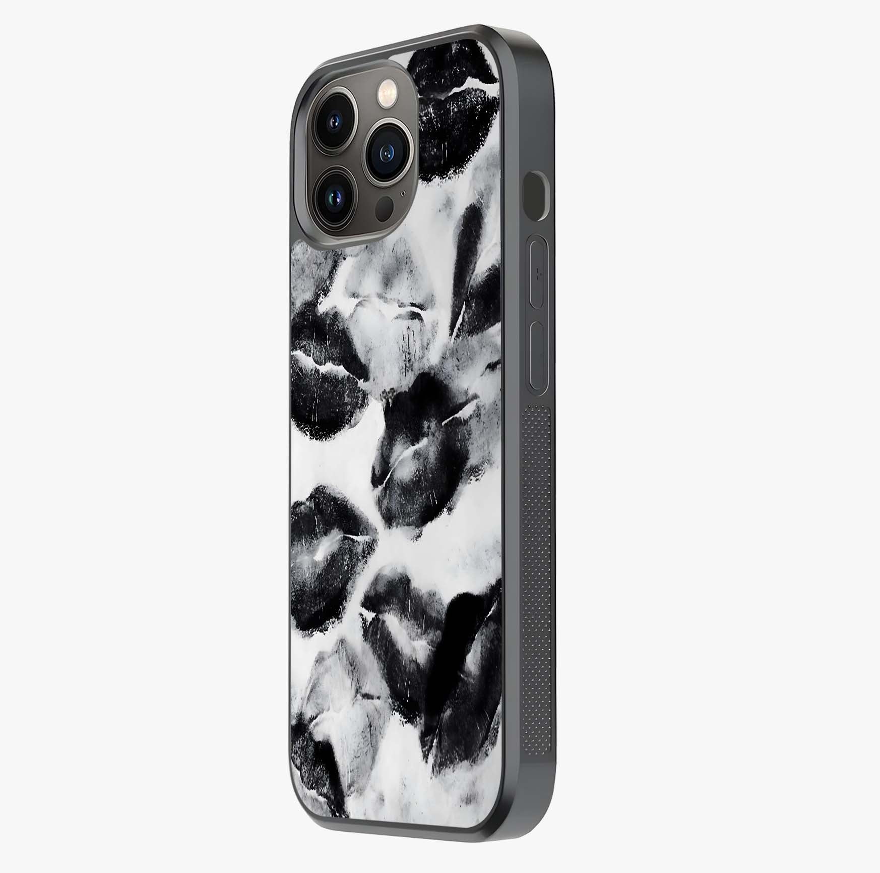 Midnight Kiss Marks Glass Case photographed in natural light showing reflective finish and design depth.