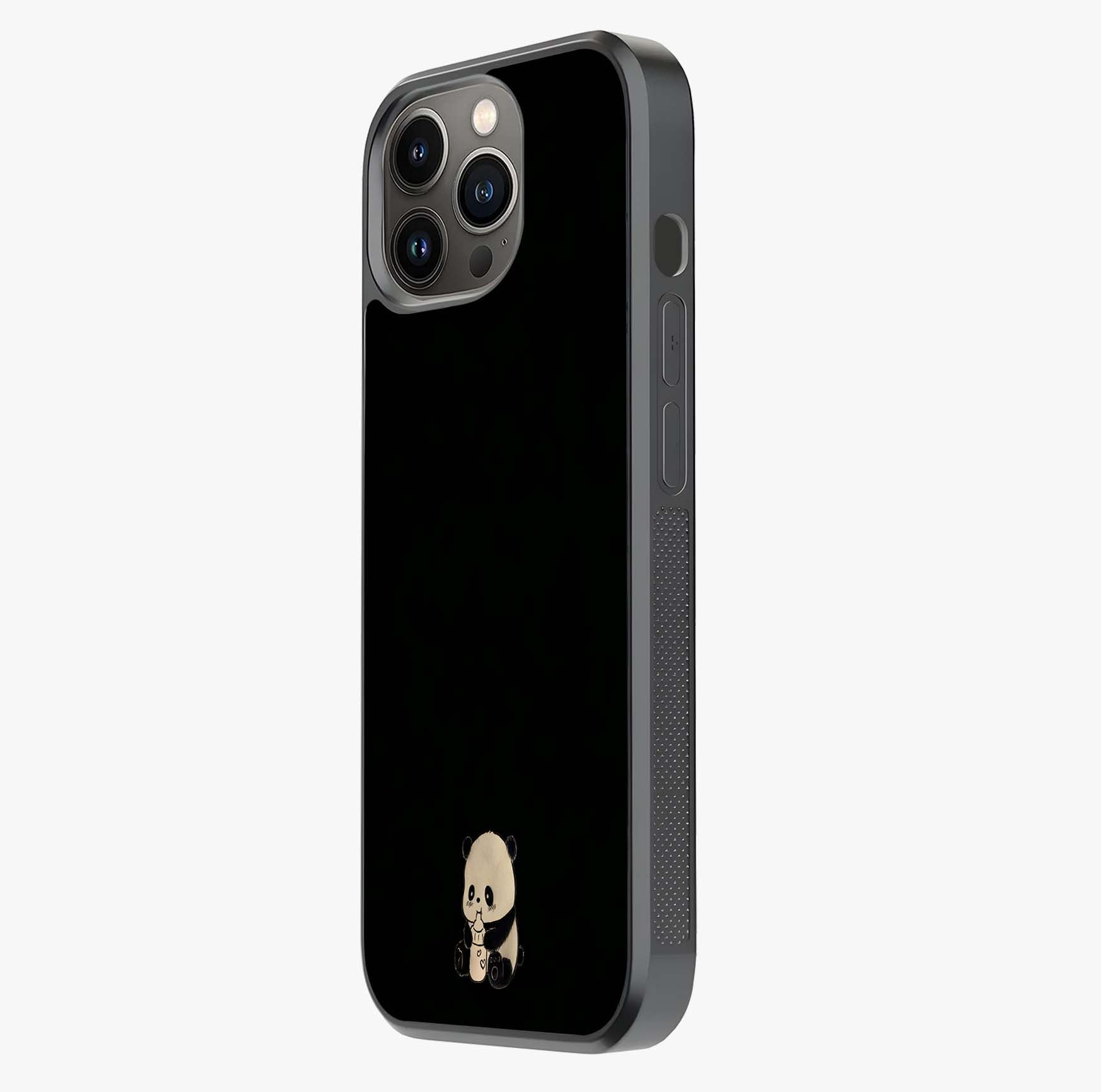 Midnight Panda Love Glass Case photographed in natural light showing reflective finish and design depth.