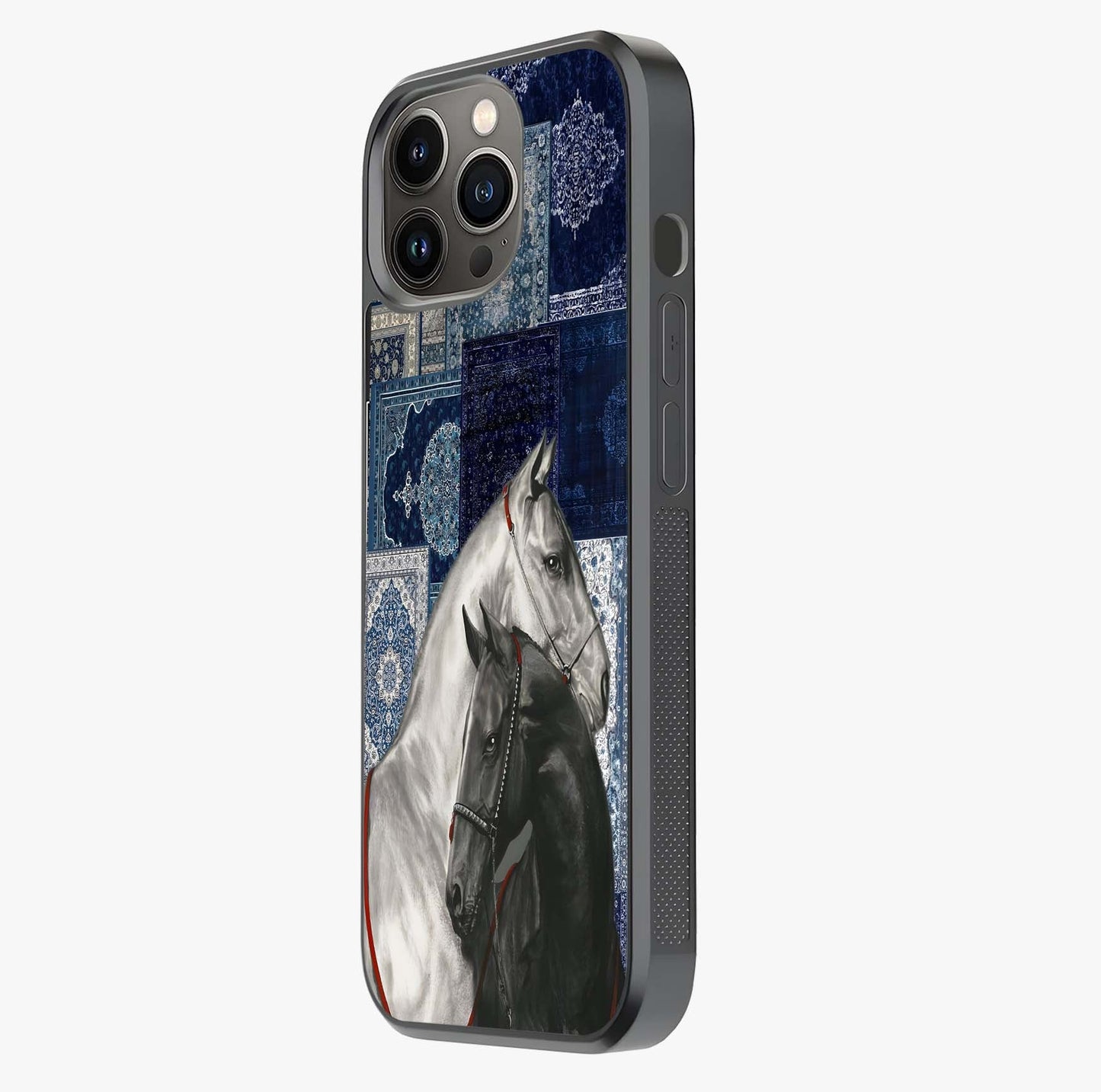 Midnight Stallion Blues Glass Case photographed in natural light showing reflective finish and design depth.