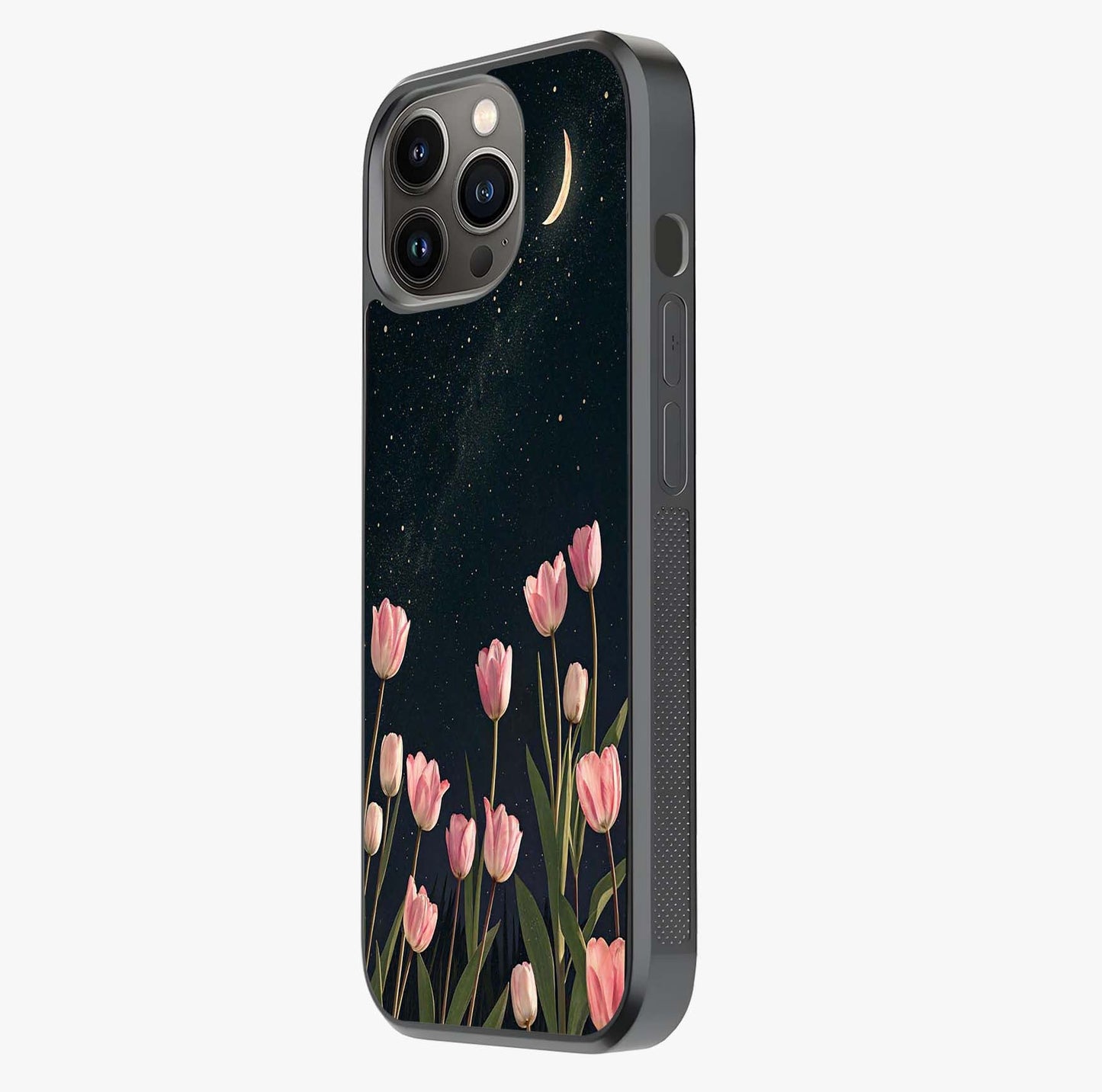 Midnight Tulip Whispers Vibe Glass Case photographed in natural light showing reflective finish and design depth.