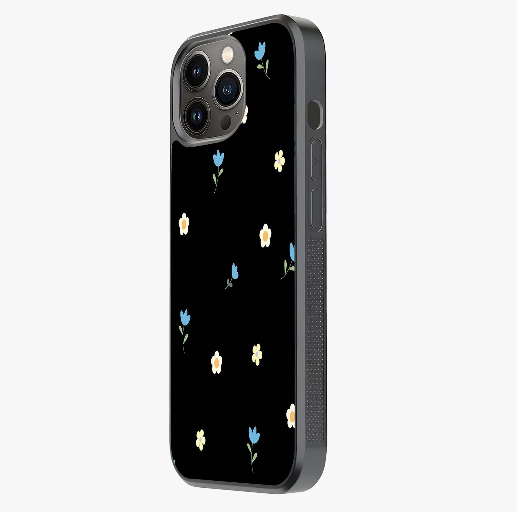 Minimalistic Blue With White Flower Pattern Glass Case photographed in natural light showing reflective finish and design depth.