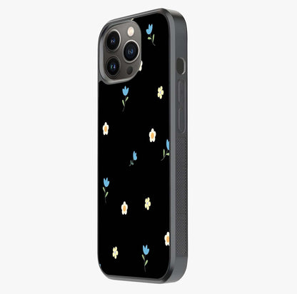 Minimalistic Blue With White Flower Pattern Glass Case photographed in natural light showing reflective finish and design depth.