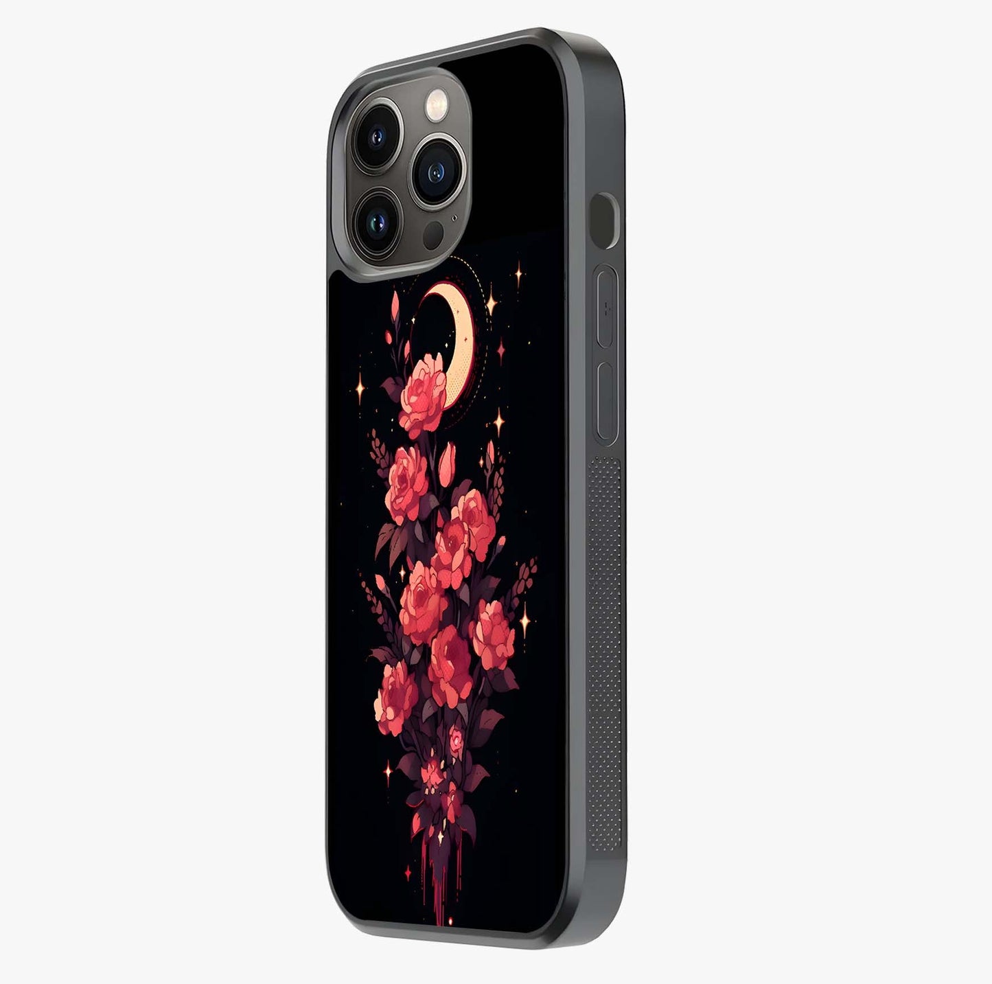 Moonlit Floral Elegance Glass Case photographed in natural light showing reflective finish and design depth.