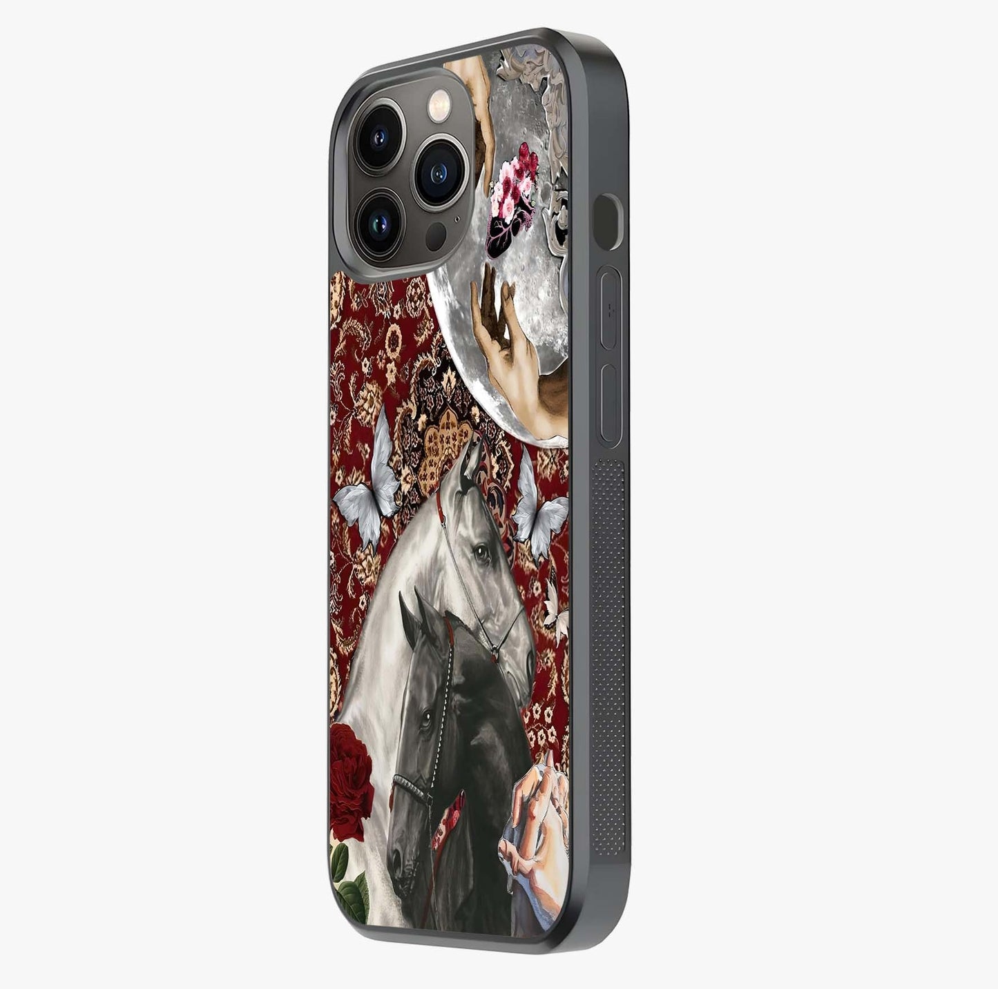 Moonlit Royal Stallion Glass Case photographed in natural light showing reflective finish and design depth.