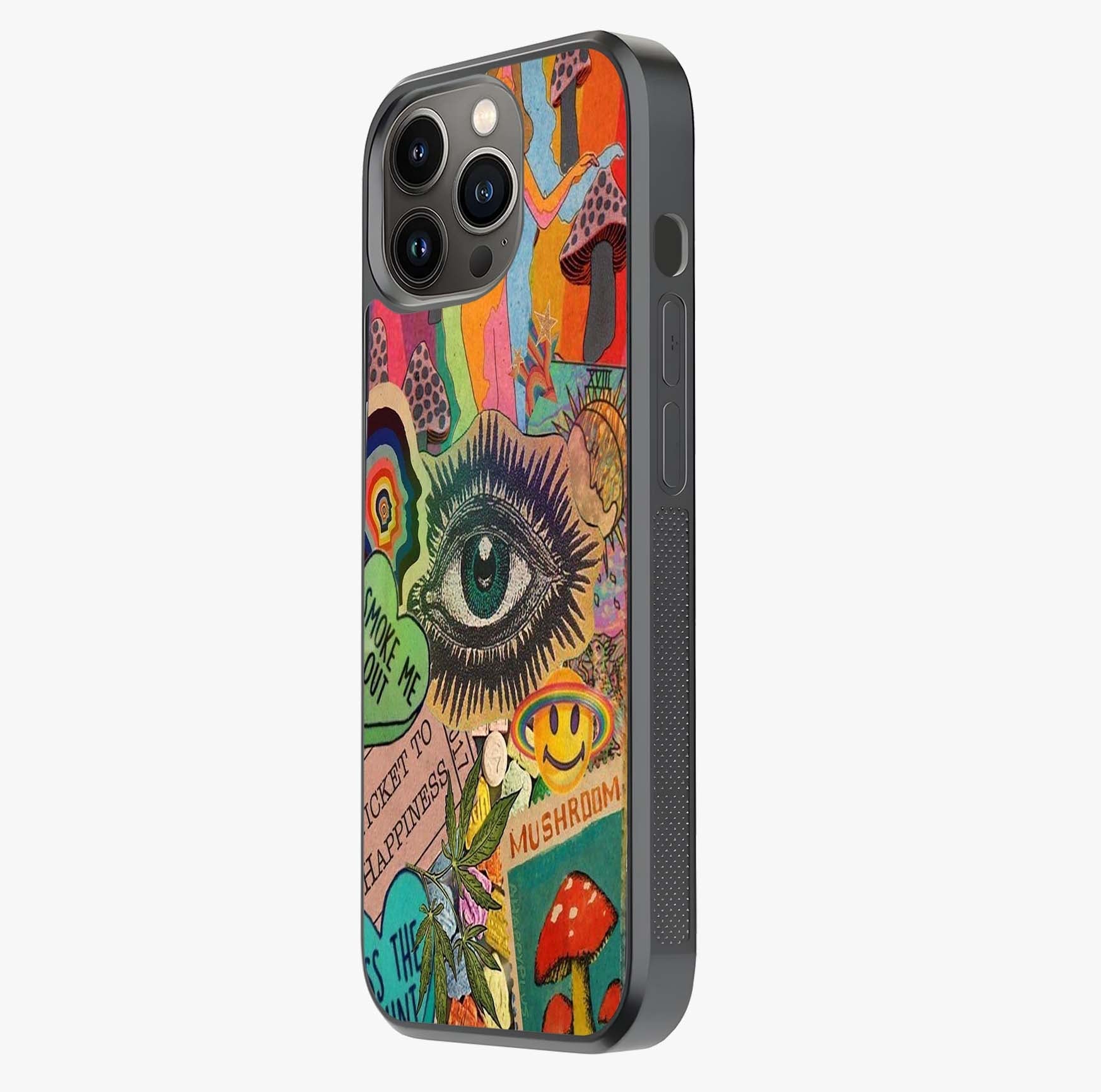 Mystic Eye Wonderland Glass Case photographed in natural light showing reflective finish and design depth.