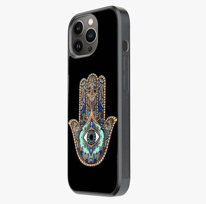Mystic Hamsa Eye Glass Case photographed in natural light showing reflective finish and design depth.