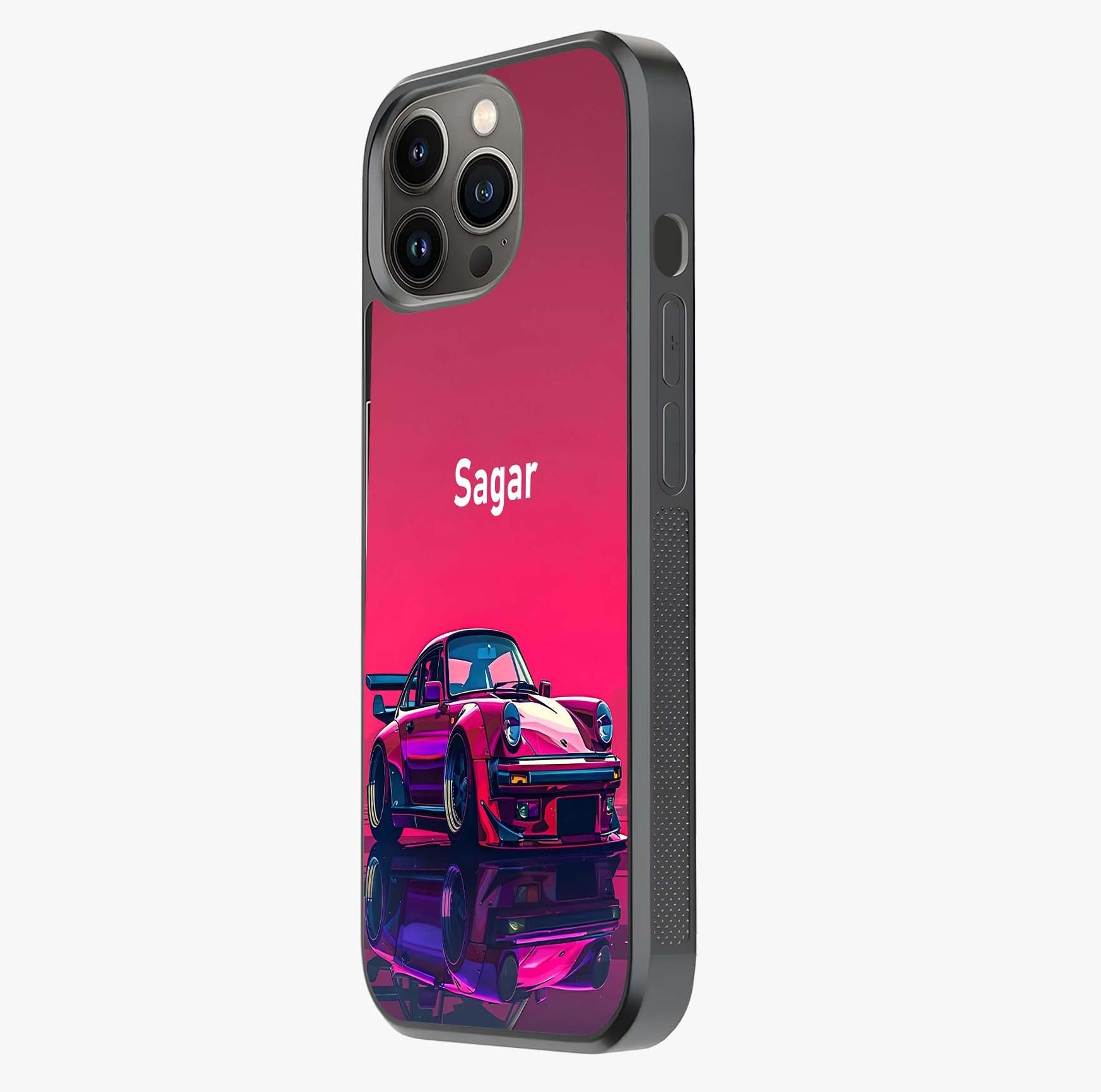 Neon Pink Porsche Glass Case photographed in natural light showing reflective finish and design depth.