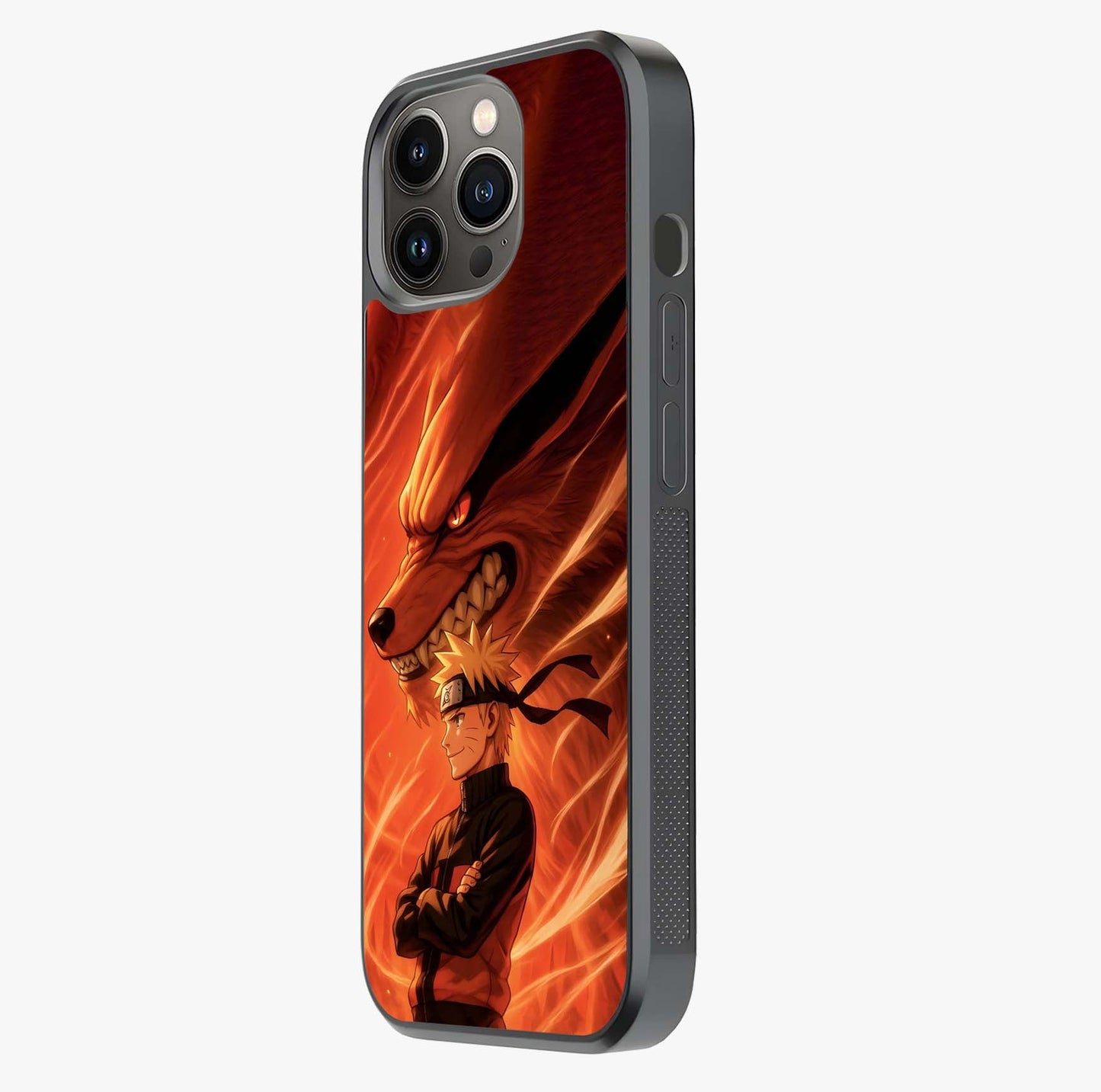Nine Tails Legacy Glass Case photographed in natural light showing reflective finish and design depth.