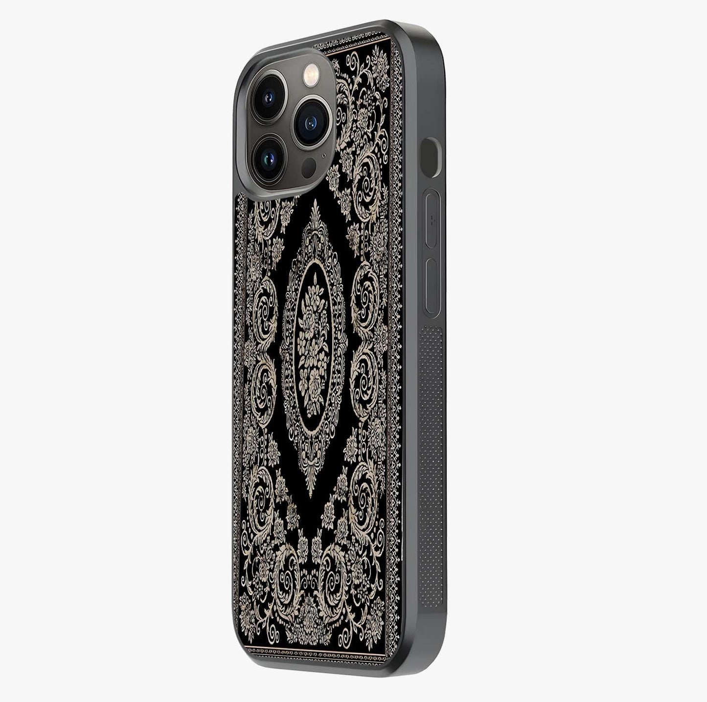Noir Bloom Elegance Glass Case photographed in natural light showing reflective finish and design depth.