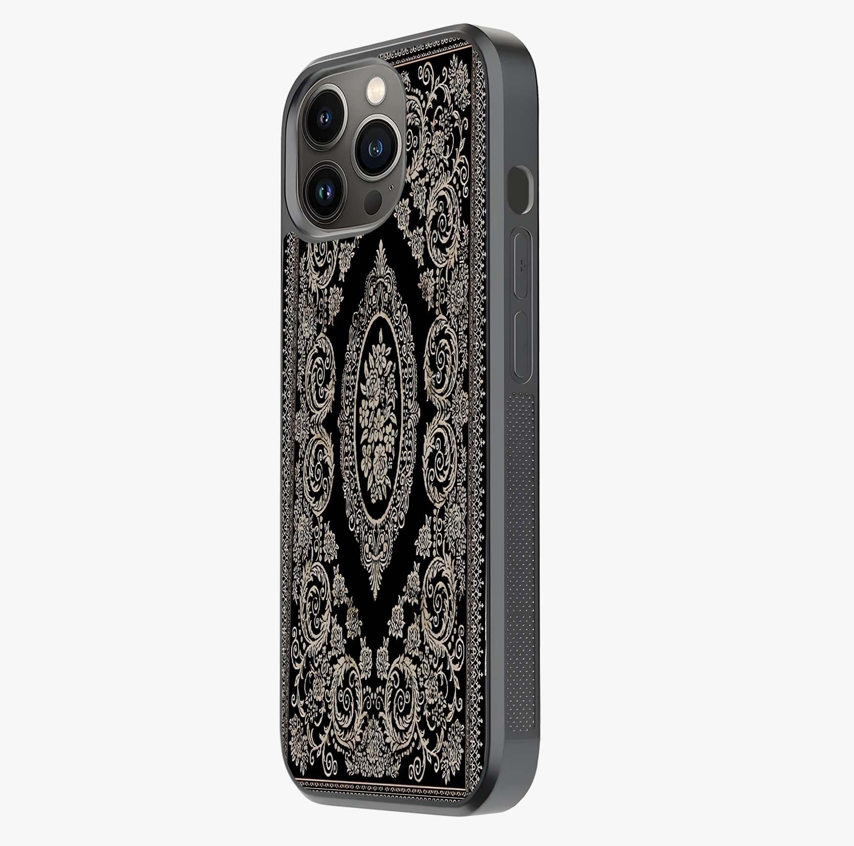 Noir Bloom Elegance Glass Case photographed in natural light showing reflective finish and design depth.