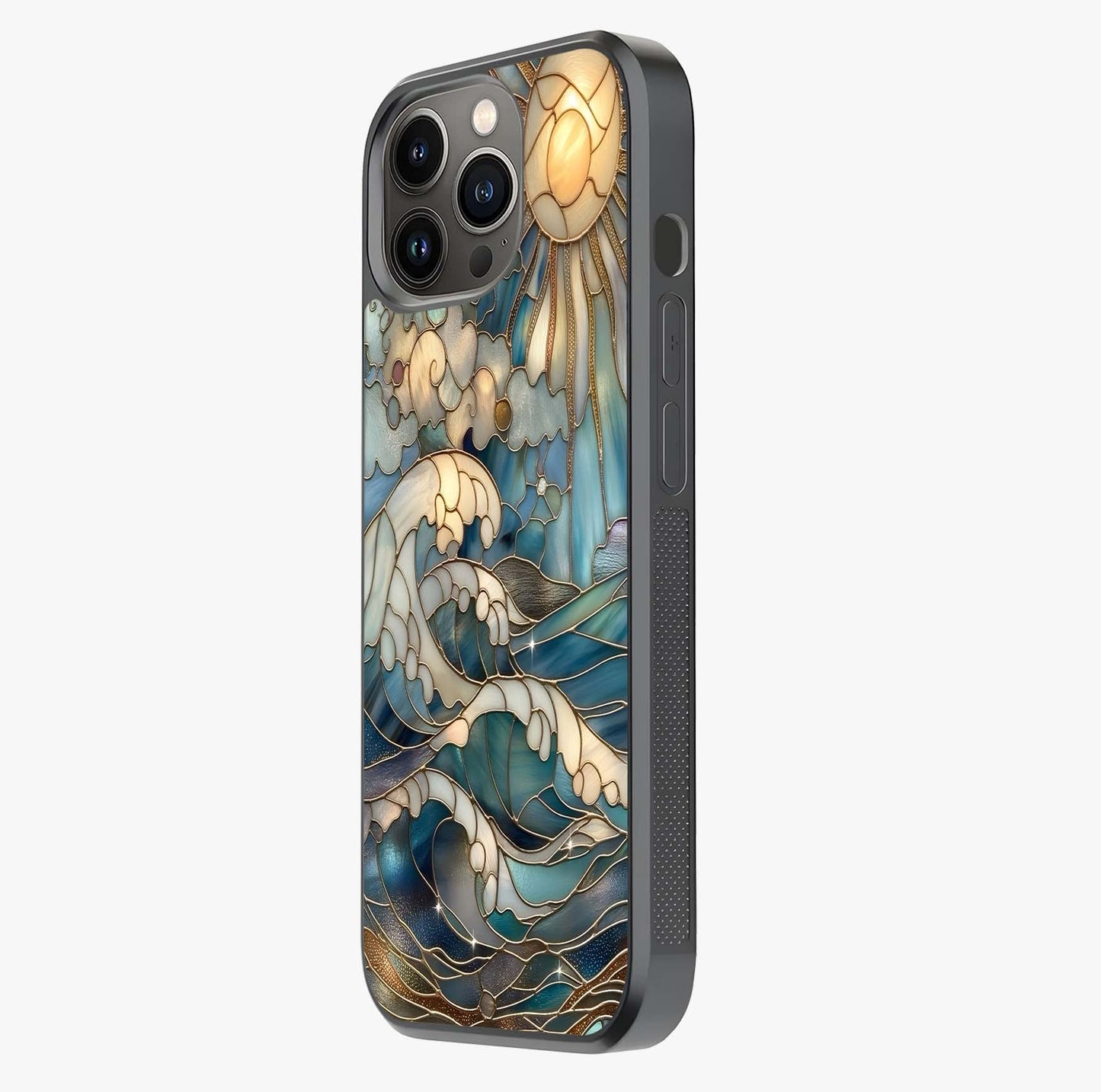 Oceanic Stained Printed Glass Case photographed in natural light showing reflective finish and design depth.
