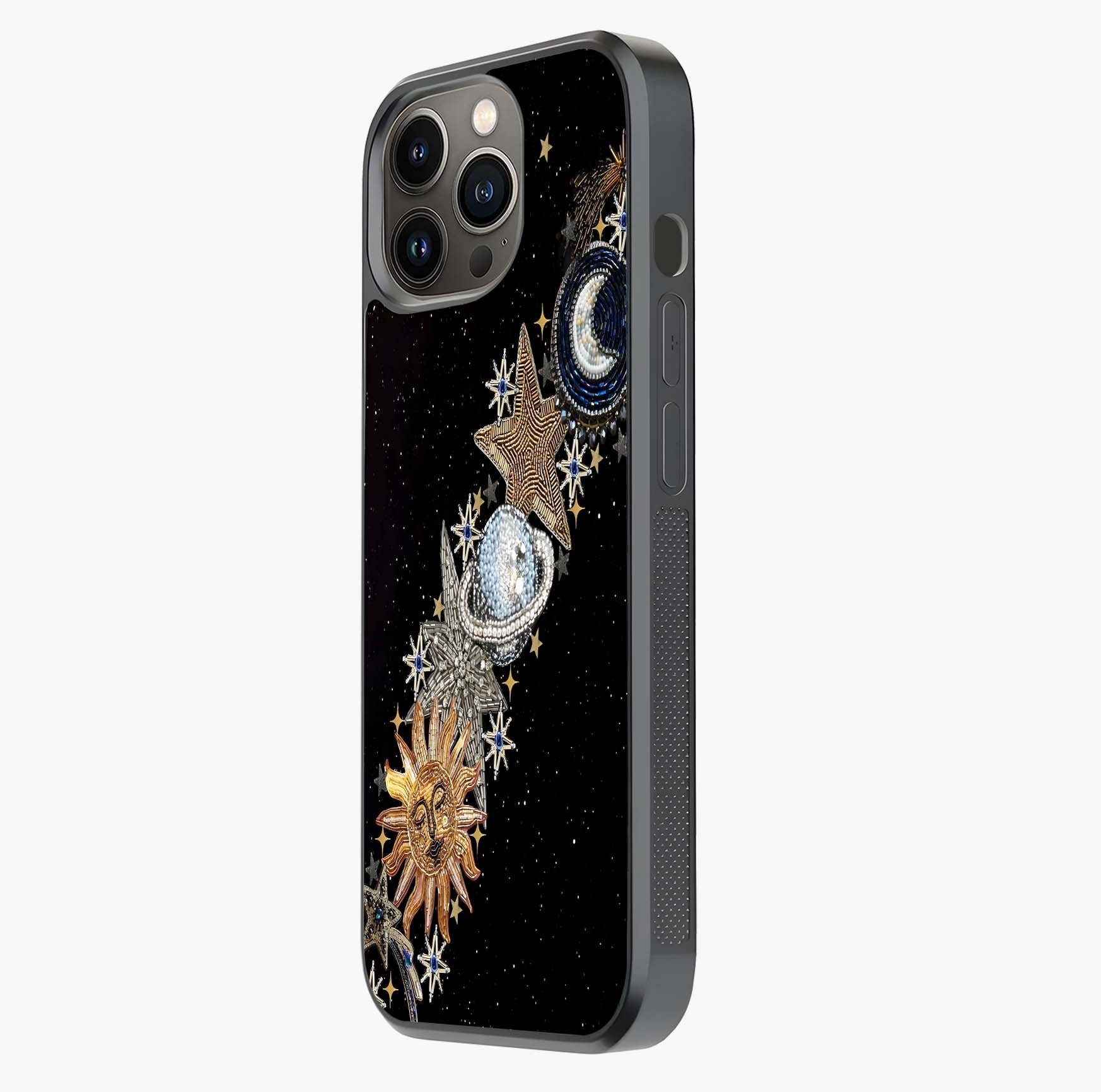 Pearls Universe Object Glass Case photographed in natural light showing reflective finish and design depth.