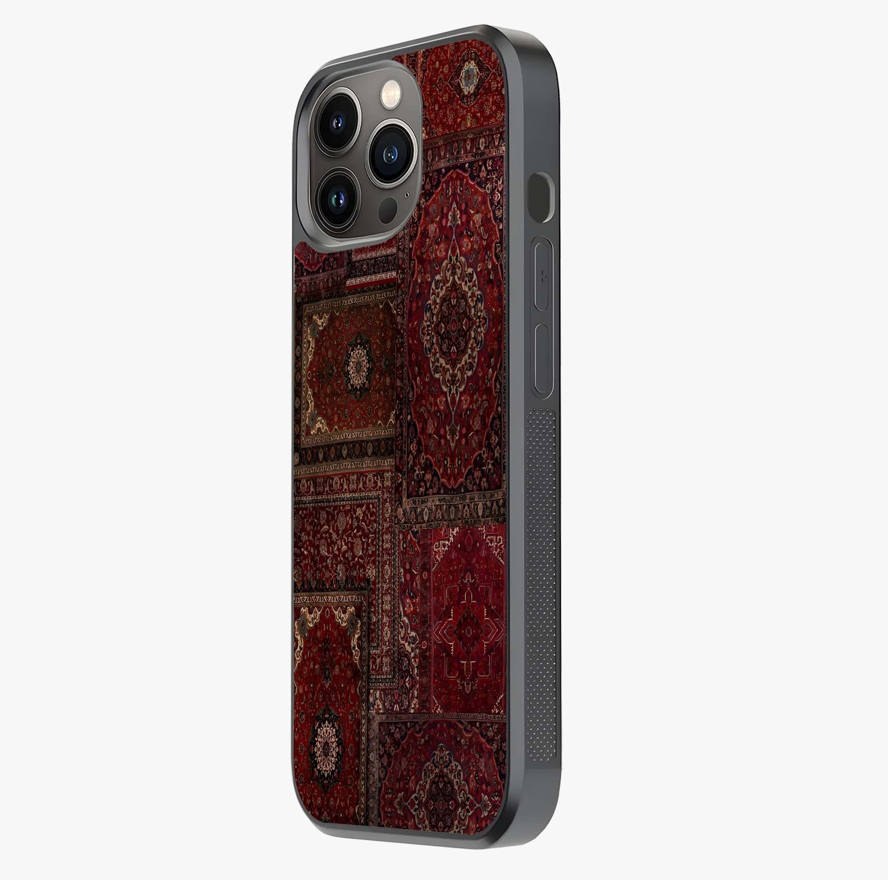 Persian Velvet Tale Glass Case photographed in natural light showing reflective finish and design depth.
