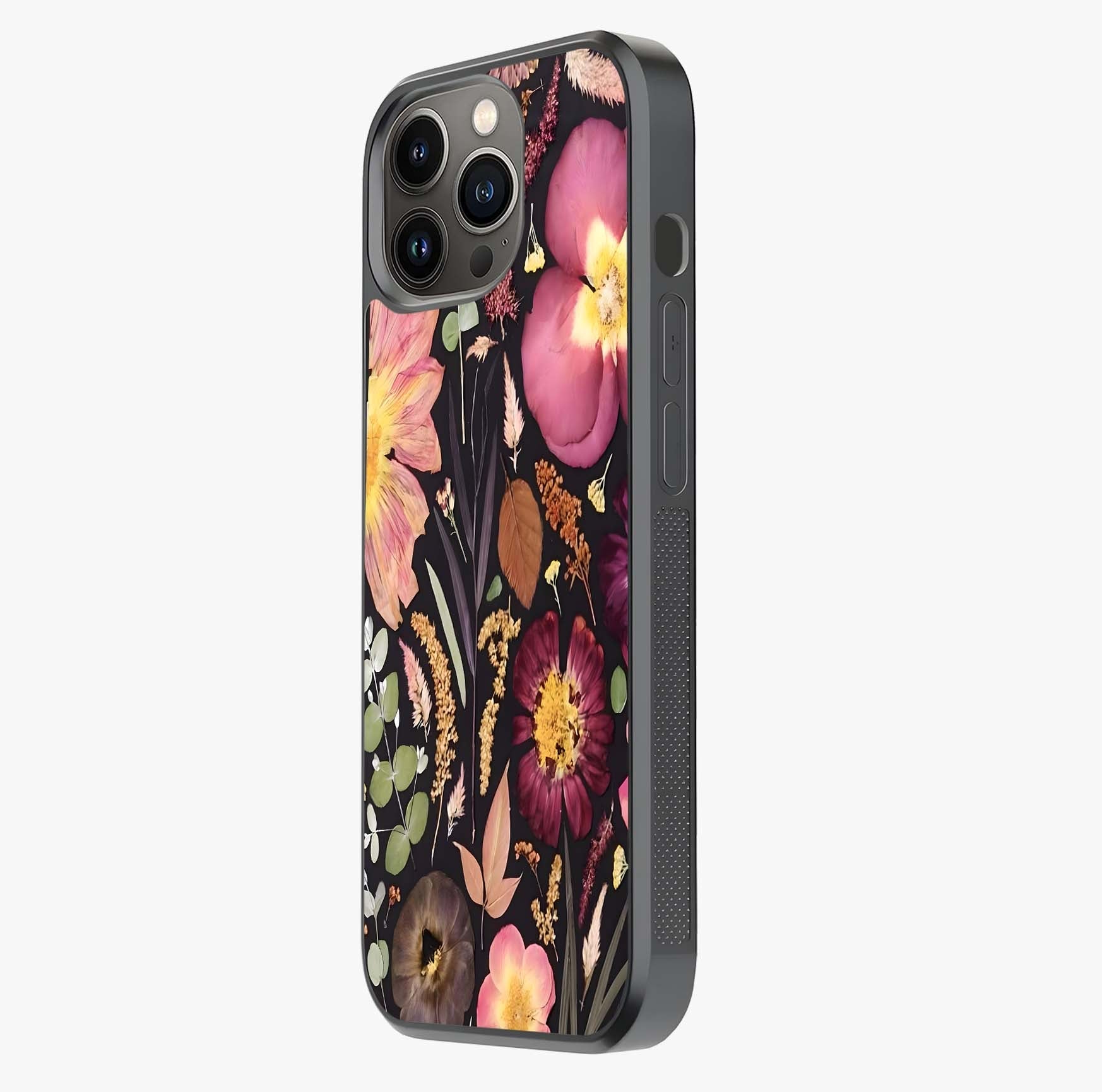 Petal Dream Tapestry Glass Case photographed in natural light showing reflective finish and design depth.