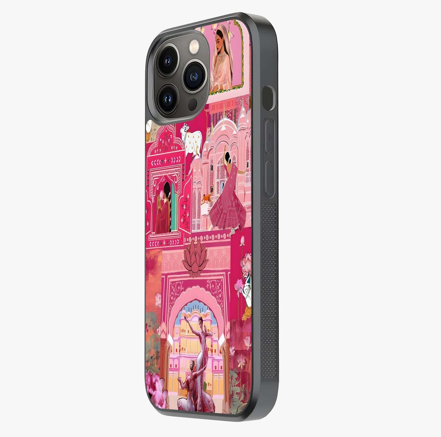 Pink Palace Muse Glass Case photographed in natural light showing reflective finish and design depth.