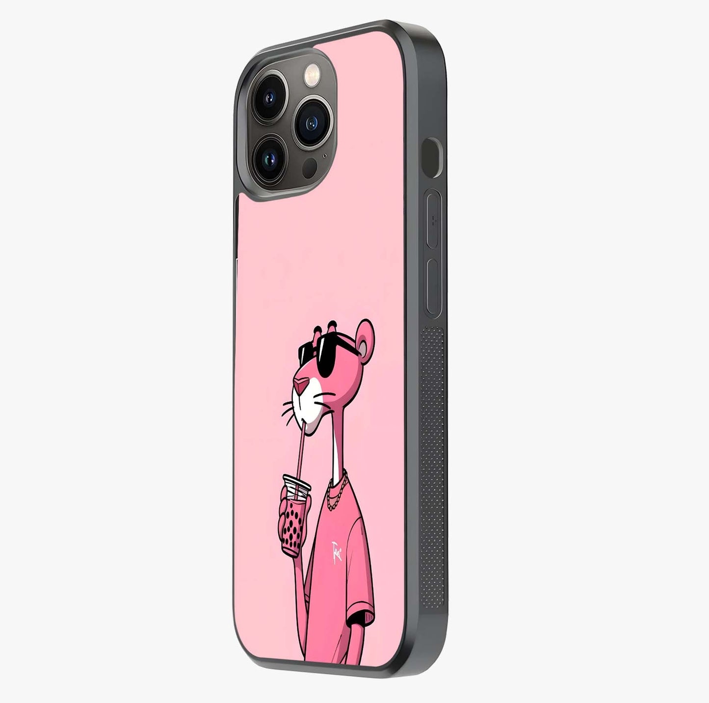 Pink Panther Glass Case photographed in natural light showing reflective finish and design depth.