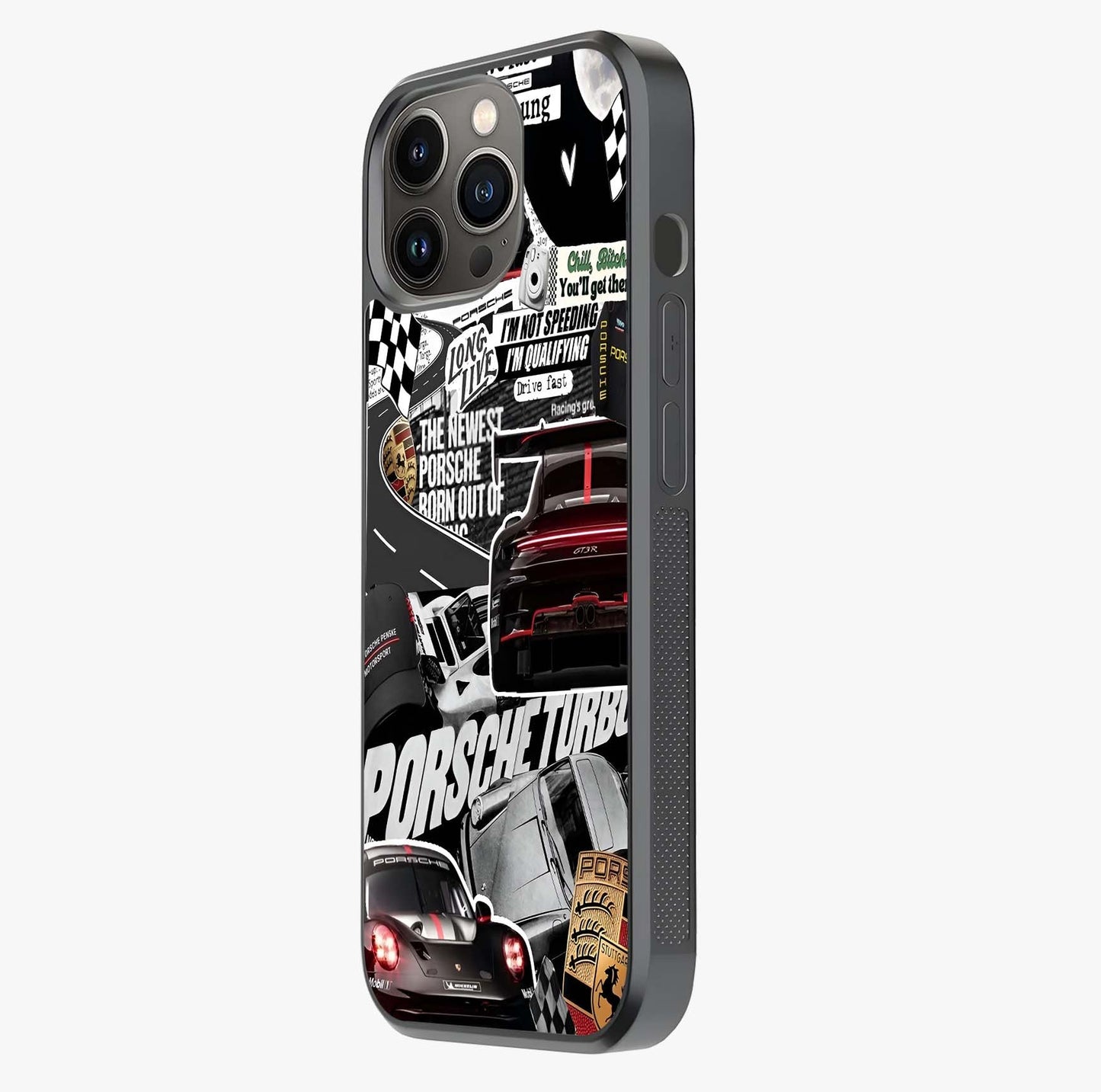 Porsche Racing Collage Glass Case photographed in natural light showing reflective finish and design depth.