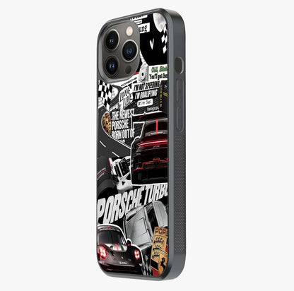 Porsche Racing Collage Glass Case photographed in natural light showing reflective finish and design depth.