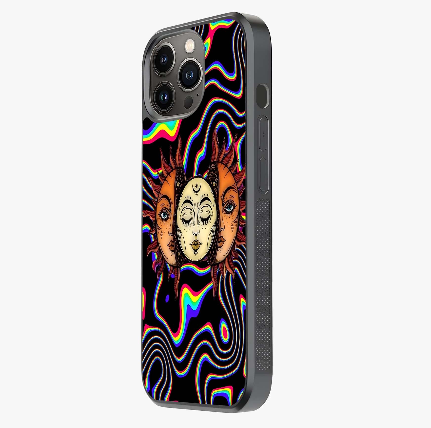 Psychedelic Sun Glass Case photographed in natural light showing reflective finish and design depth.