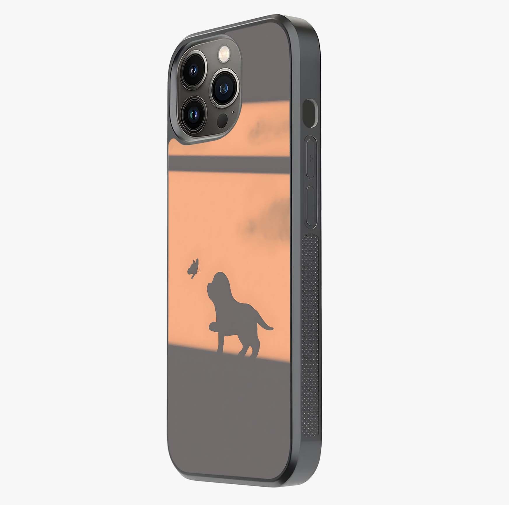 Puppy Shadow Art Glass Case photographed in natural light showing reflective finish and design depth.