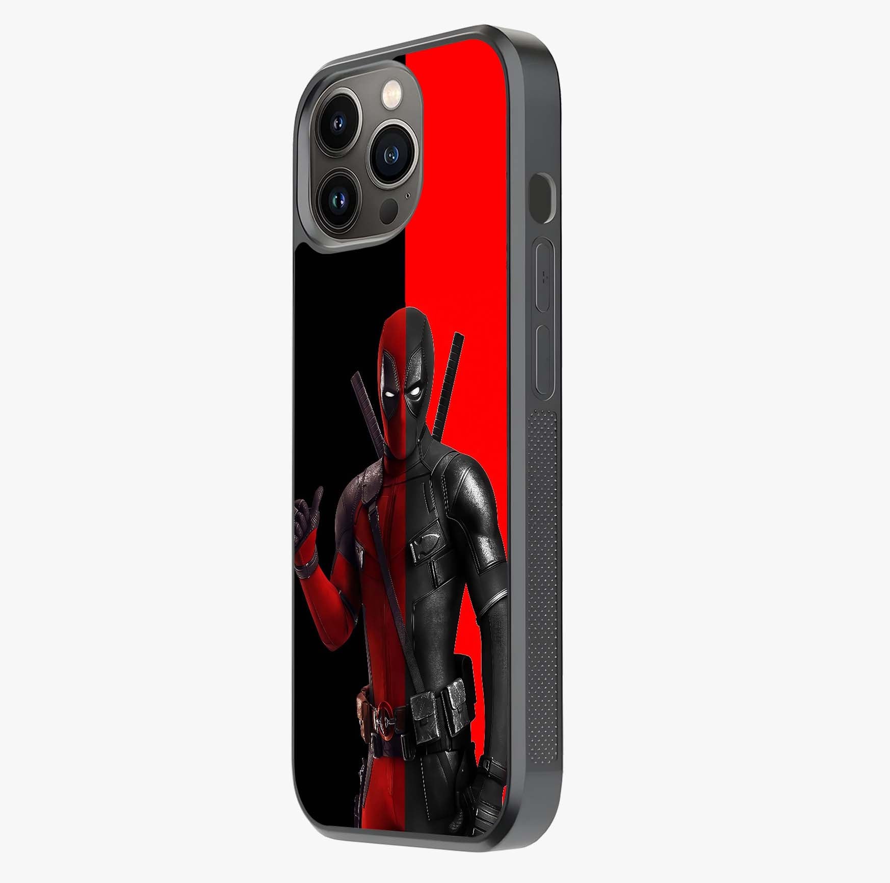 Red & Black Deadpool Theme Glass Case photographed in natural light showing reflective finish and design depth.