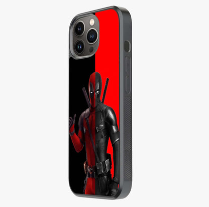 Red & Black Deadpool Theme Glass Case photographed in natural light showing reflective finish and design depth.