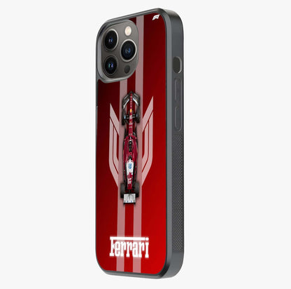 Red Ferrari F1 Vertical Glass Case photographed in natural light showing reflective finish and design depth.