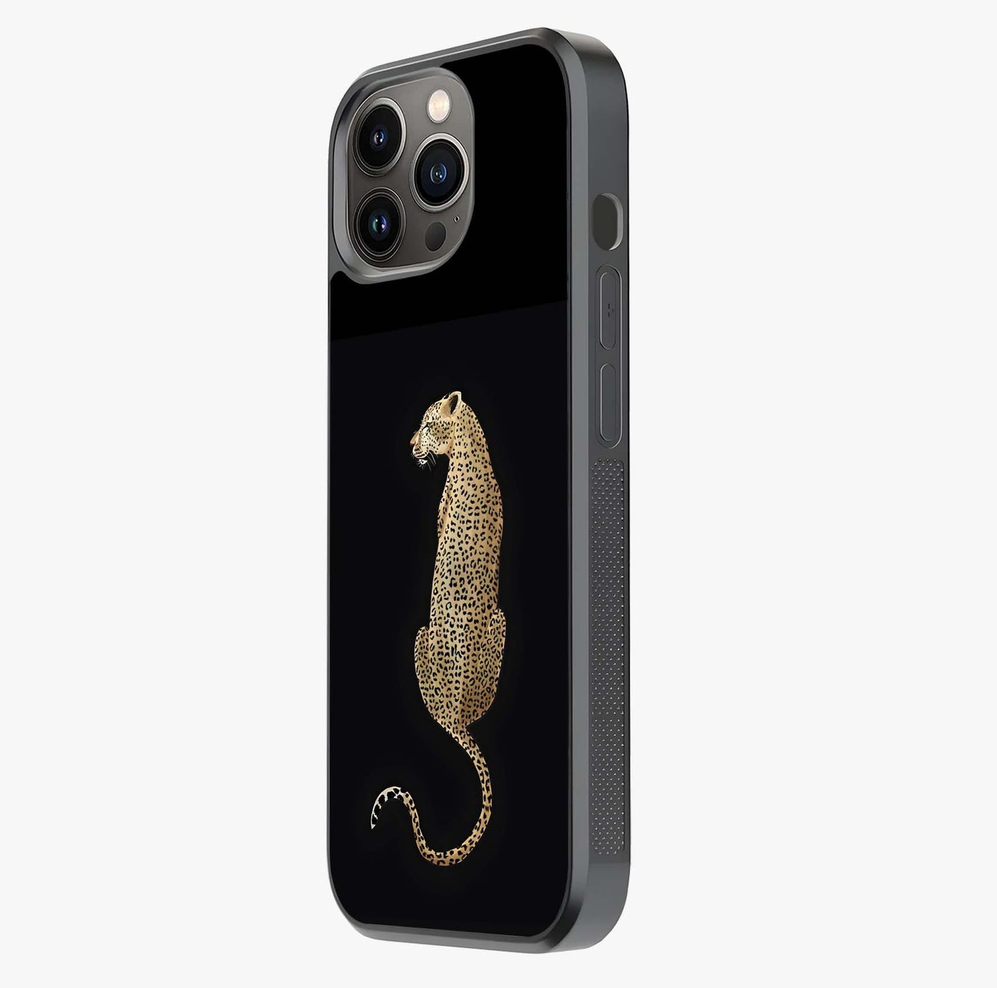 Regal Leopard Glass Case photographed in natural light showing reflective finish and design depth.