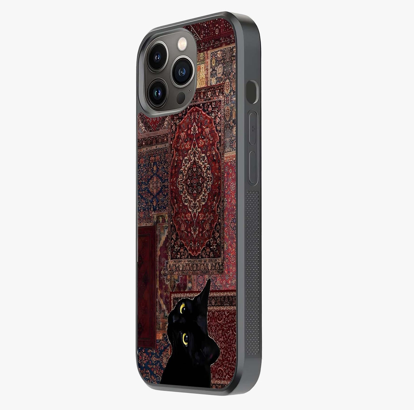 Regal Magic Cat Apple Glass Case photographed in natural light showing reflective finish and design depth.