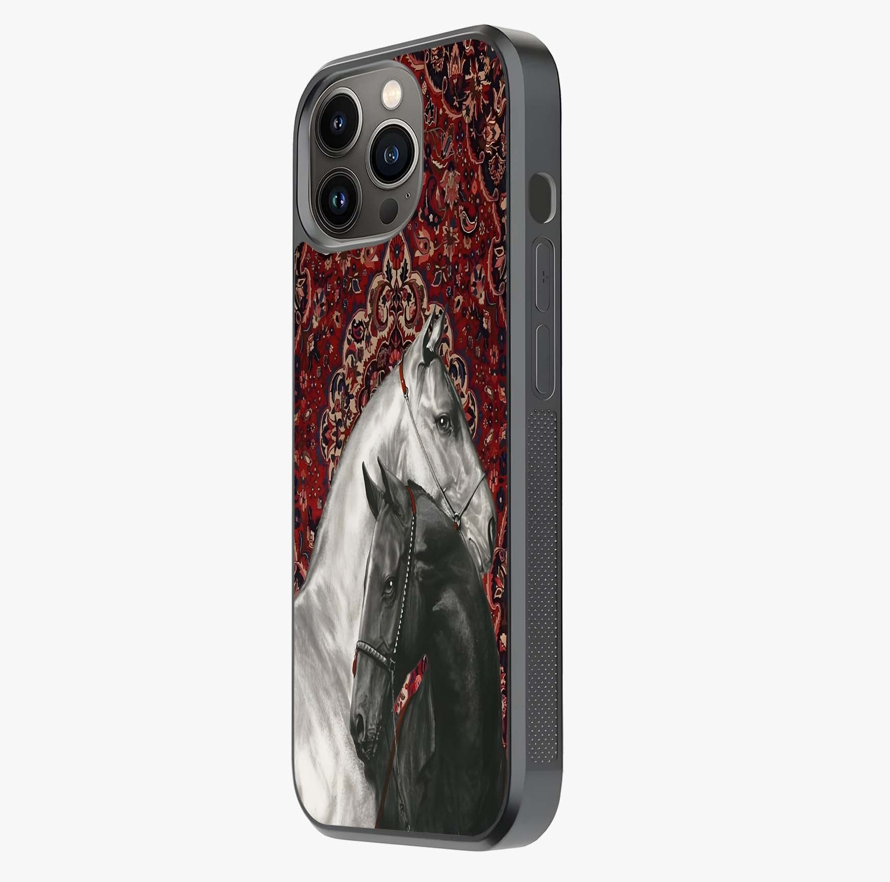 Regal Stallion Tapestry Glass Case photographed in natural light showing reflective finish and design depth.