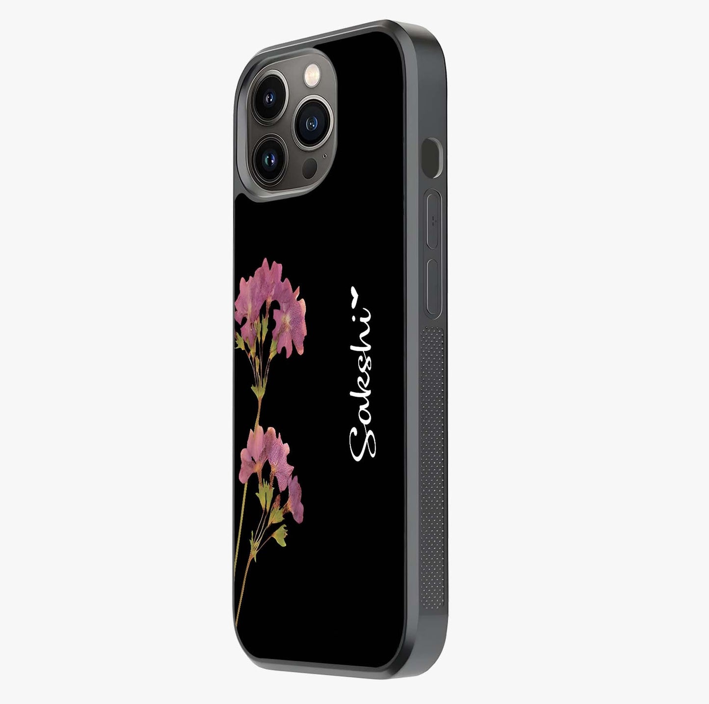 Riching Lavender Flower Custom Name Glass Case photographed in natural light showing reflective finish and design depth.