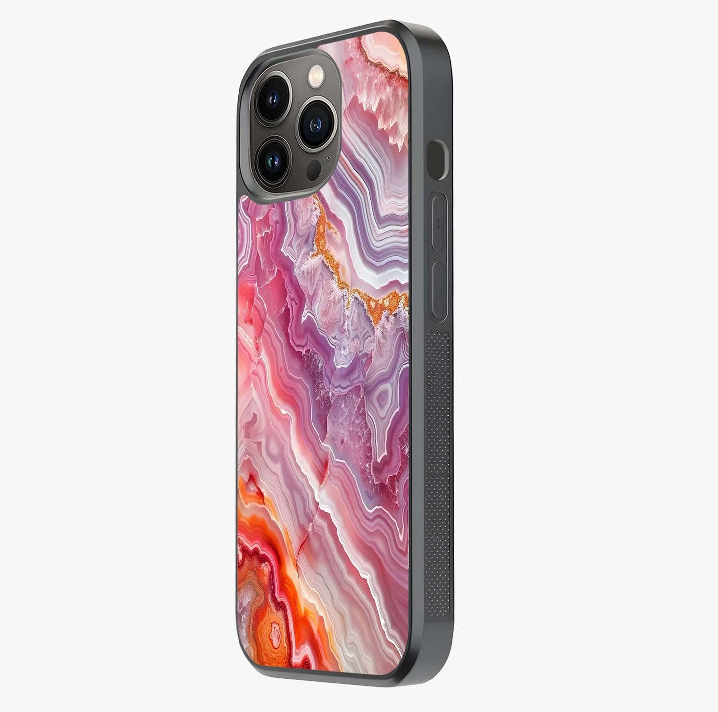Rose Quartz Marble Glass Case photographed in natural light showing reflective finish and design depth.