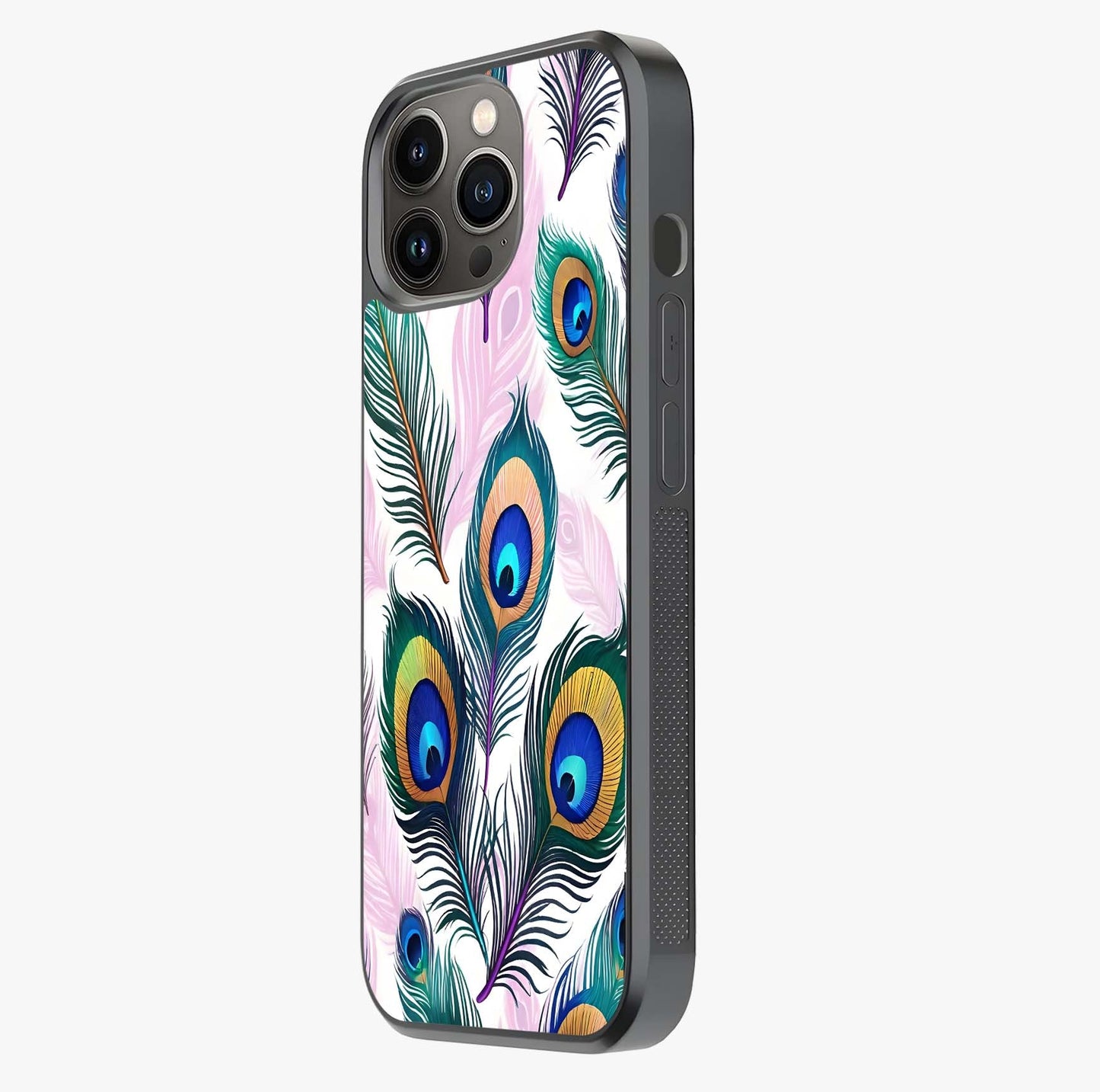 Royal Peacock Feathers Glass Case photographed in natural light showing reflective finish and design depth.