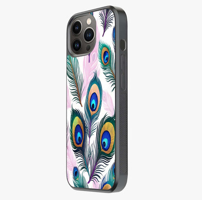 Royal Peacock Feathers Glass Case photographed in natural light showing reflective finish and design depth.