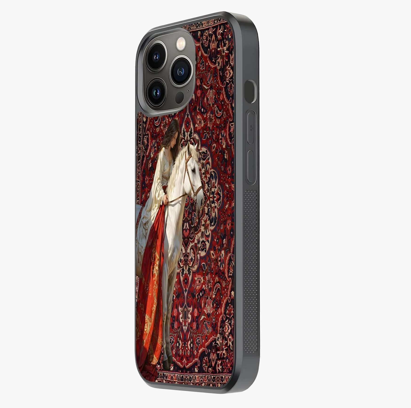 Royal Rider Tapestry Glass Case photographed in natural light showing reflective finish and design depth.