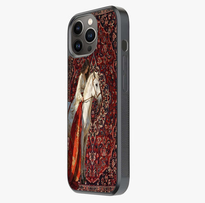 Royal Rider Tapestry Glass Case photographed in natural light showing reflective finish and design depth.