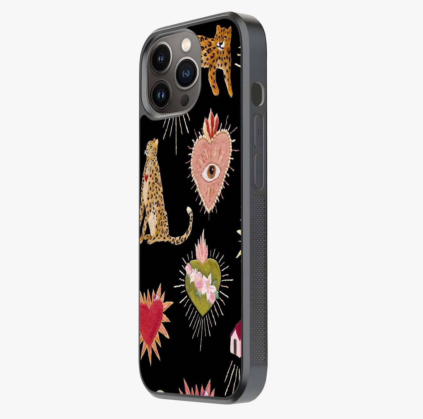 Sacred Jungle Heart Glass Case photographed in natural light showing reflective finish and design depth.