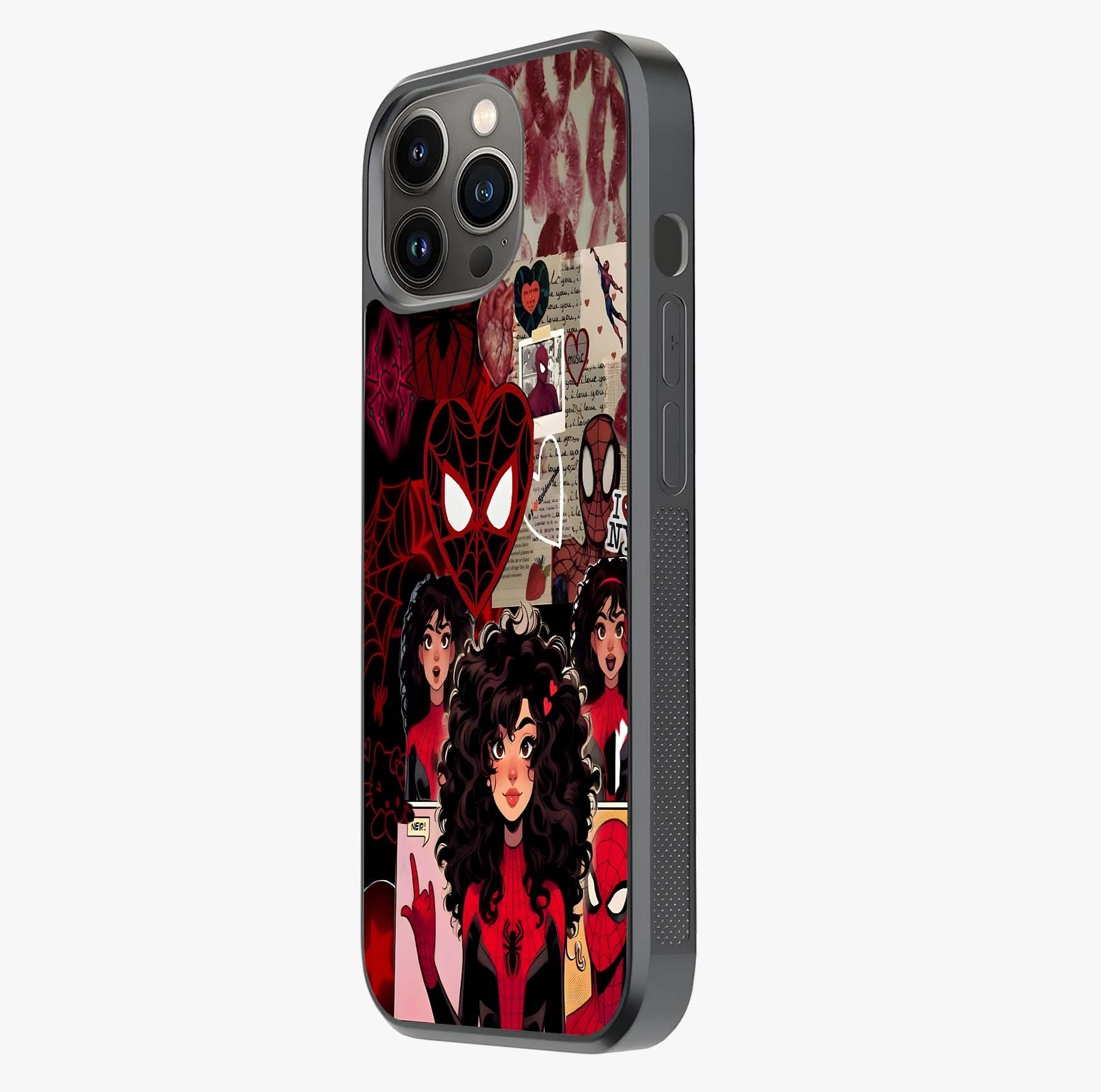 Spider Love Story Glass Case photographed in natural light showing reflective finish and design depth.