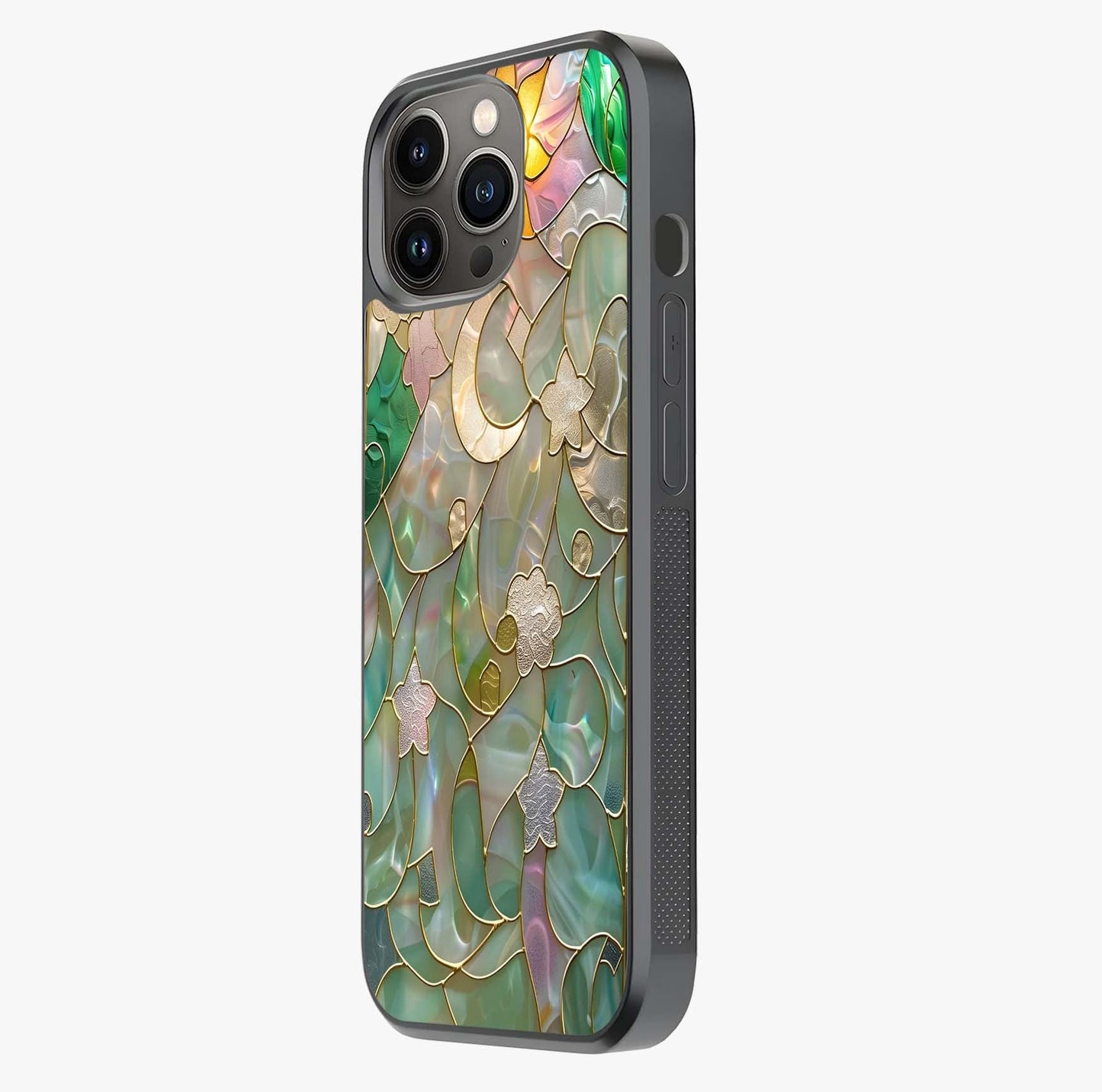 Stained Sunrise Glow Glass Case photographed in natural light showing reflective finish and design depth.