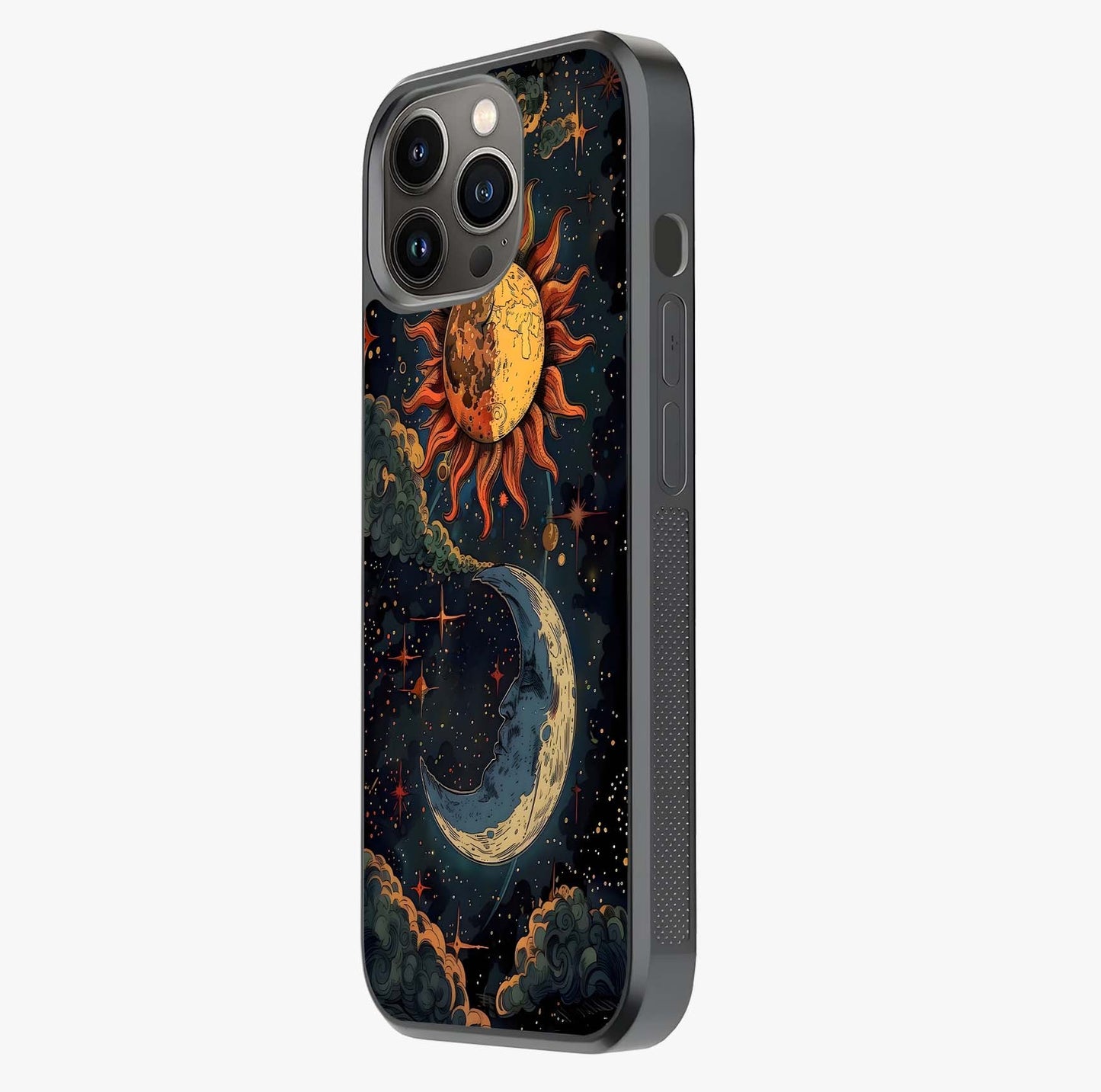 Sun And Moon Magic Design Glass Case photographed in natural light showing reflective finish and design depth.