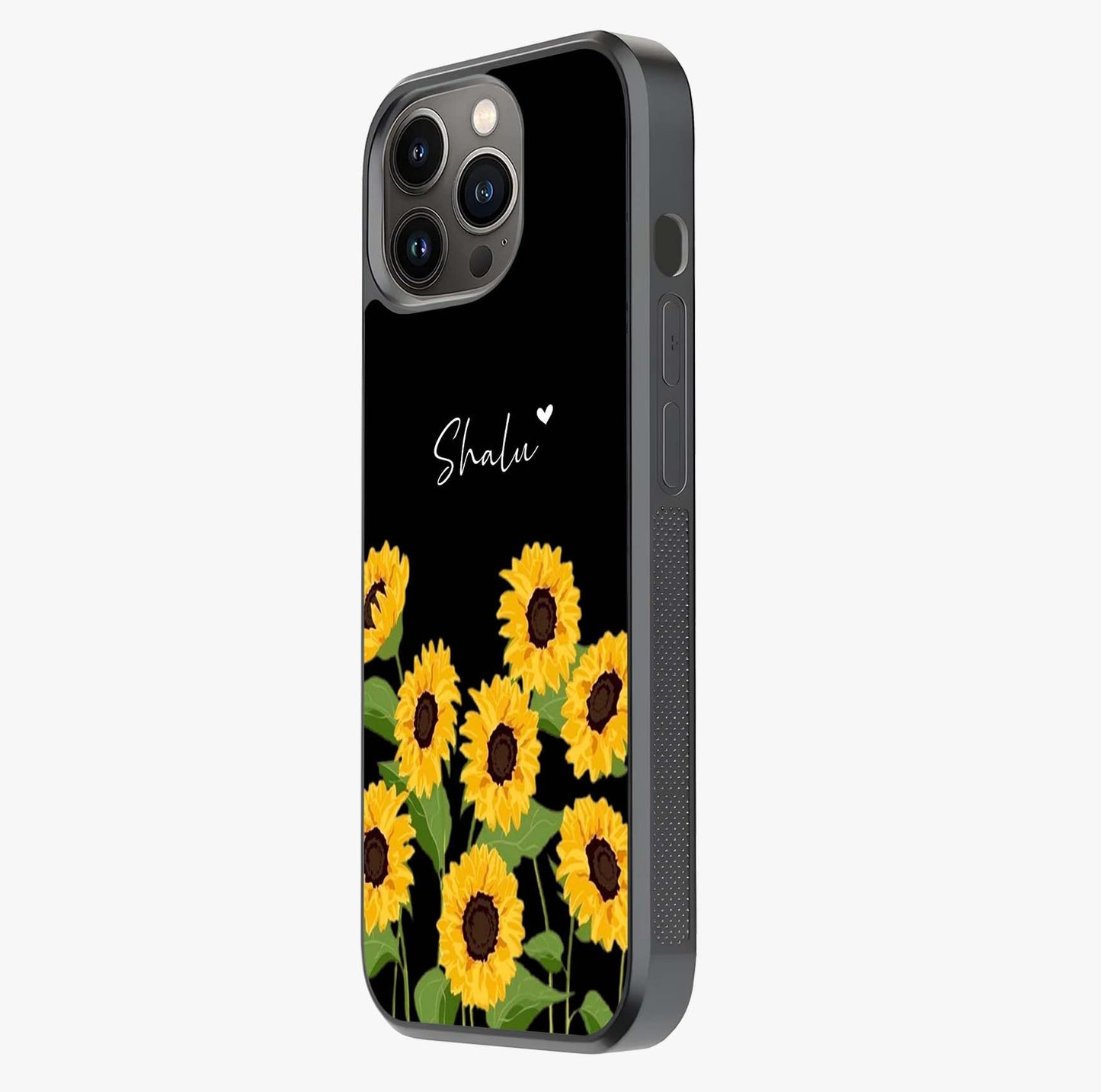 Sunflower Chic Mood Custom Name Glass Case photographed in natural light showing reflective finish and design depth.