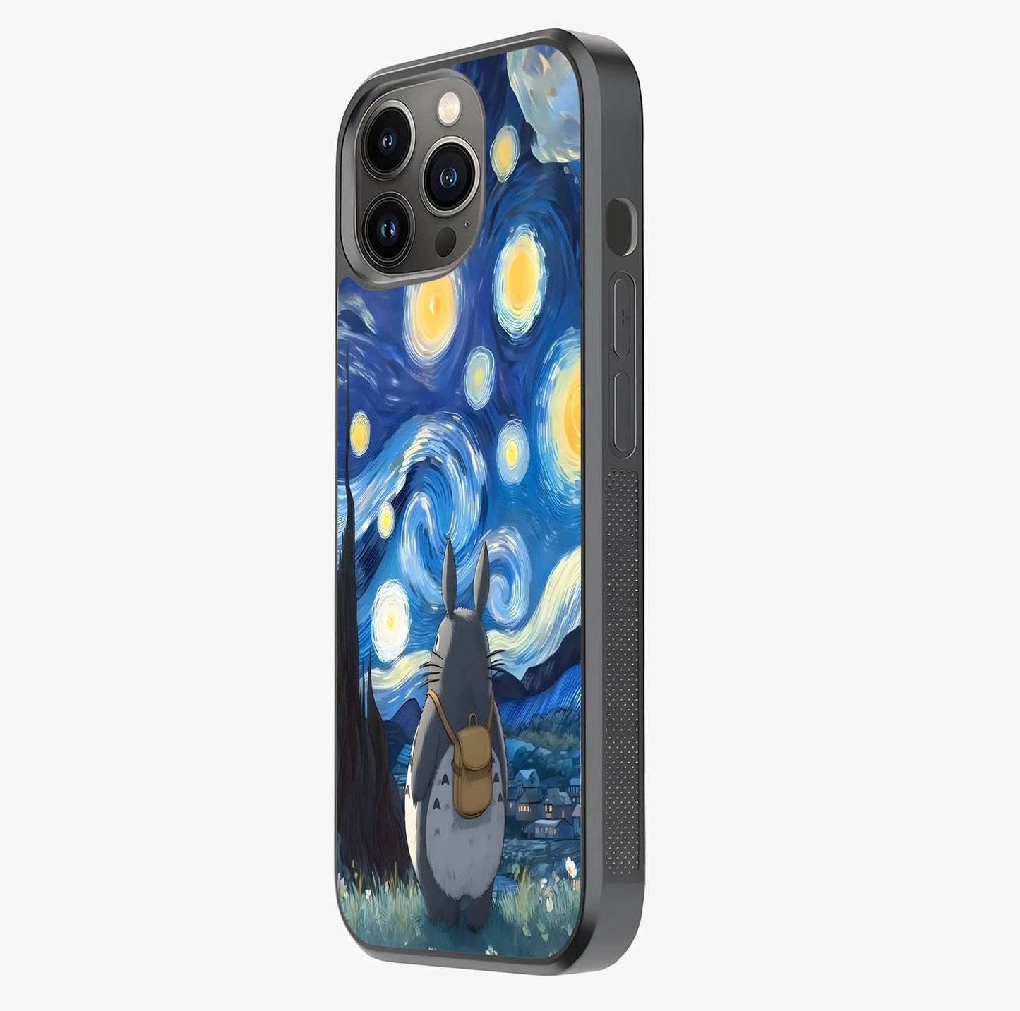 Totoro In Van Gogh Art Glass Case photographed in natural light showing reflective finish and design depth.